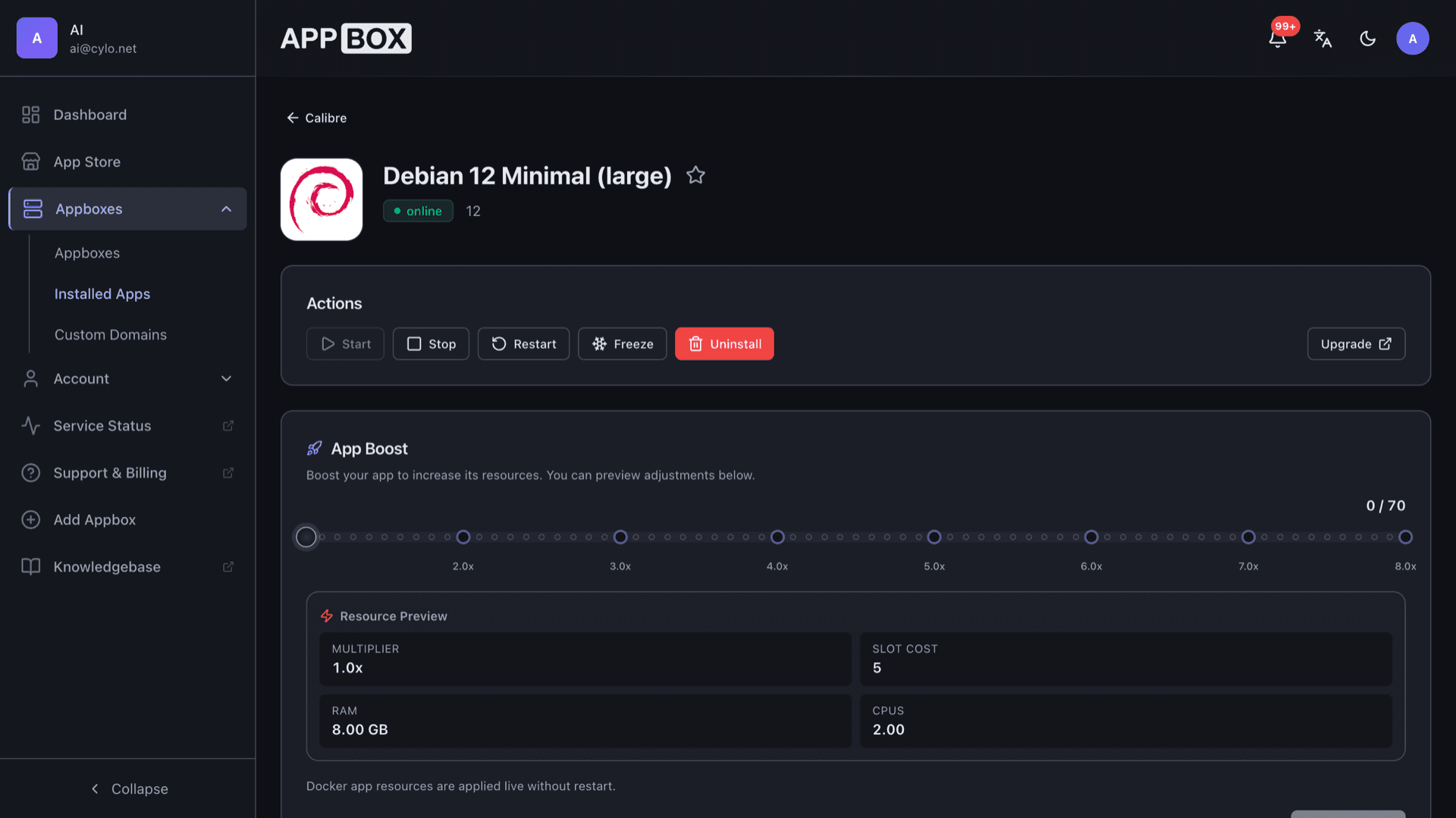 Installed Debian 12 Minimal (large) on Appbox: Overview with online status, Actions, App Boost, and Configuration with SSH details