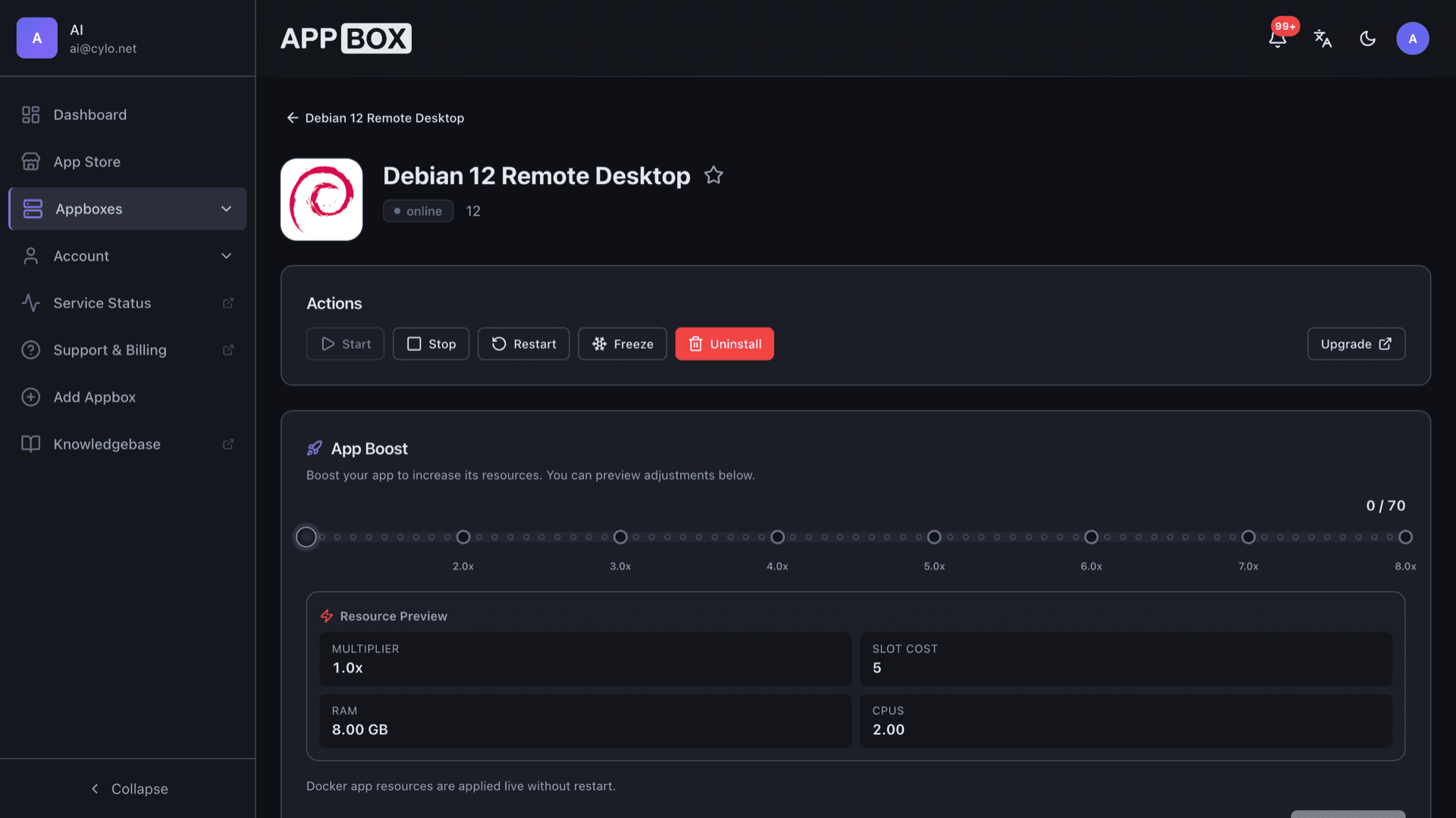 Installed Debian 12 Remote Desktop on Appbox: Overview Configuration with username abc, masked password, SSH host and port, Remote Desktop URL, and copy actions