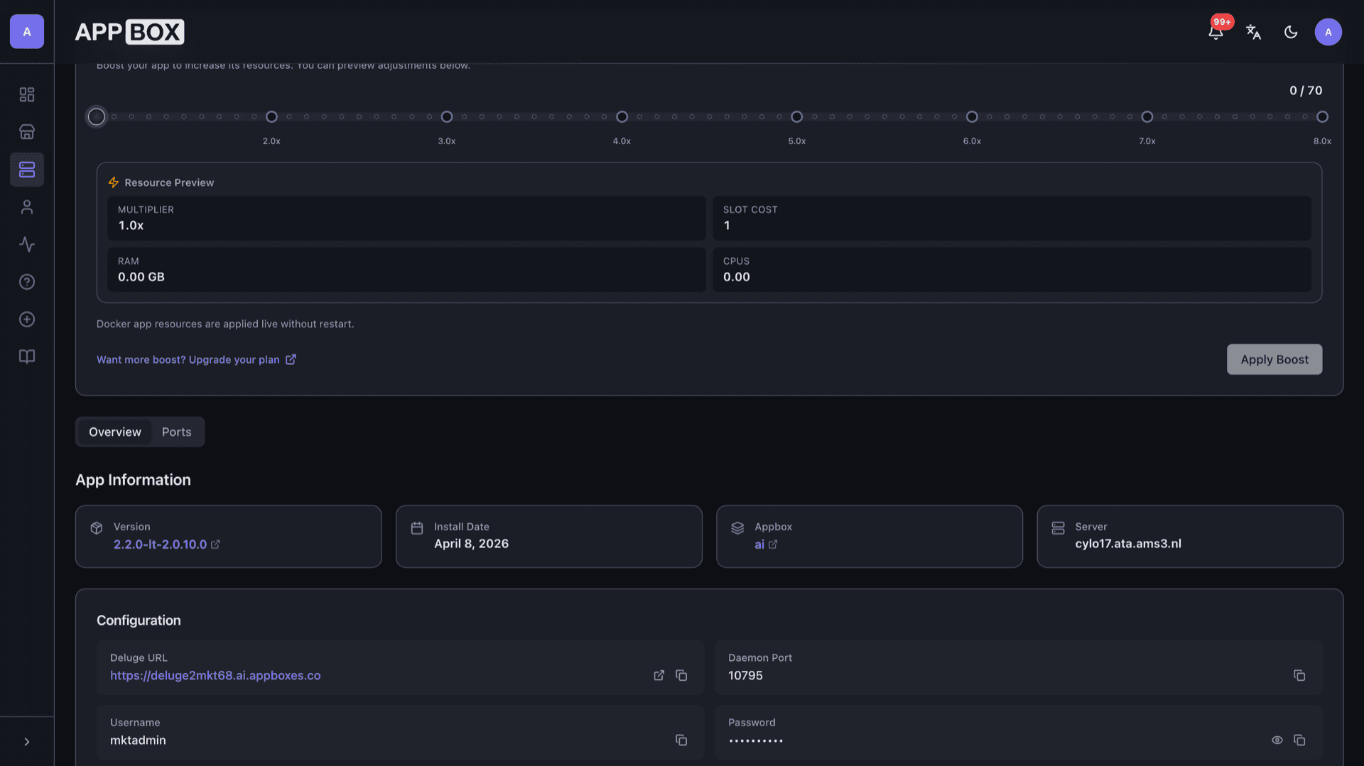 Appbox installed app overview for Deluge with Web UI link, daemon port, and username