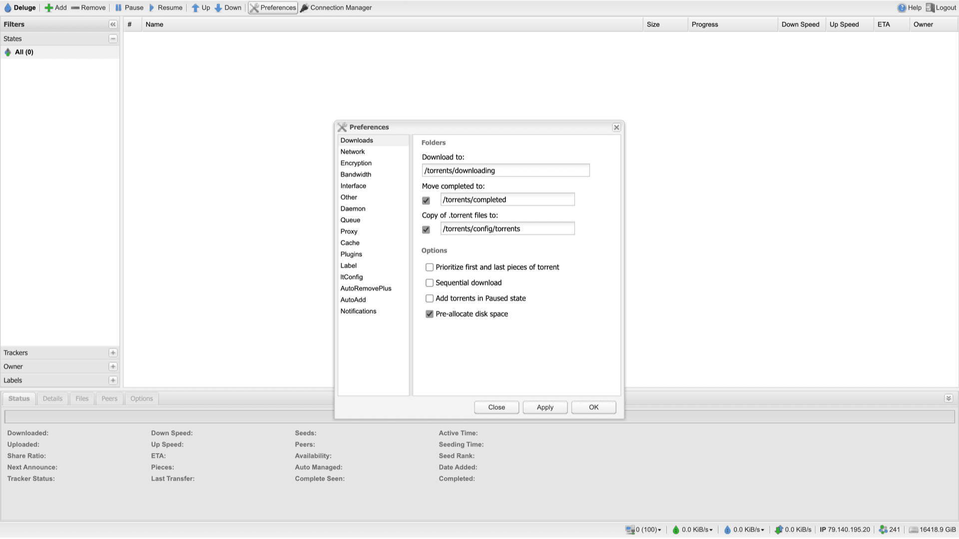 Deluge Web UI Preferences dialog showing Downloads, Network, and Queue categories