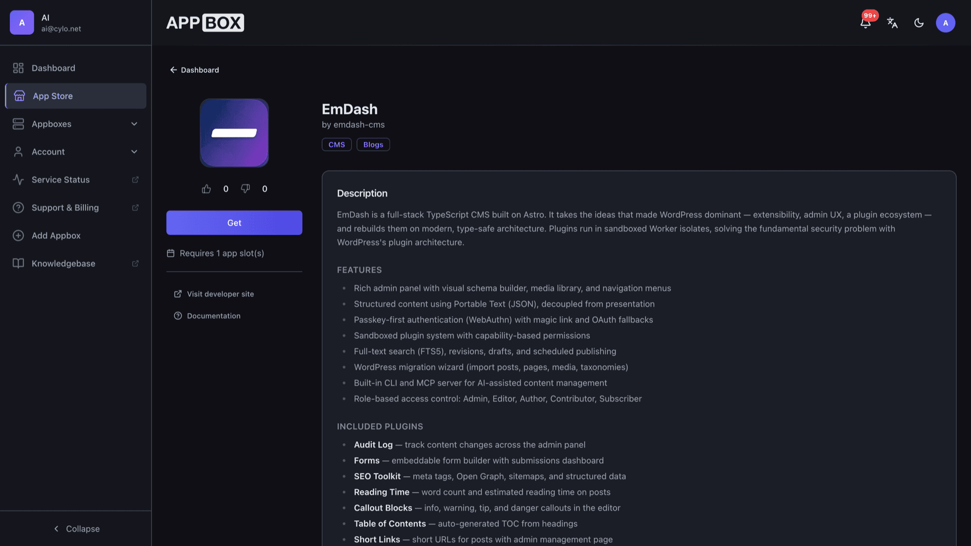 App Store listing for EmDash on Appbox with description, feature bullets, included plugins, and the Get button