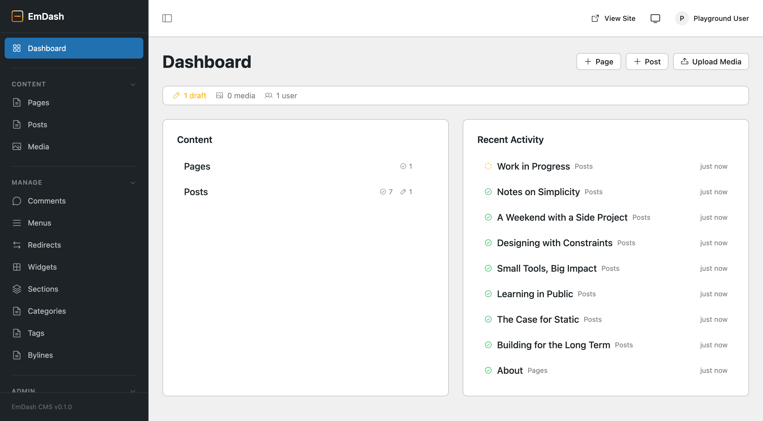 EmDash administration dashboard with site health and content overview after sign-in
