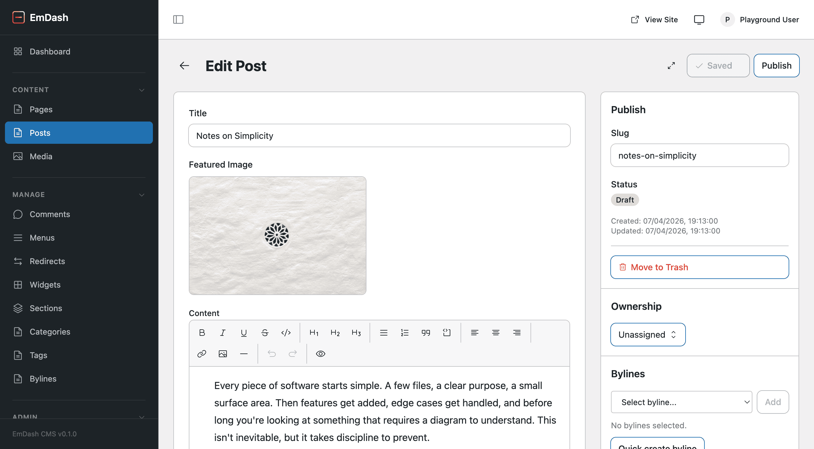 EmDash structured content editor with Portable Text tools and formatting