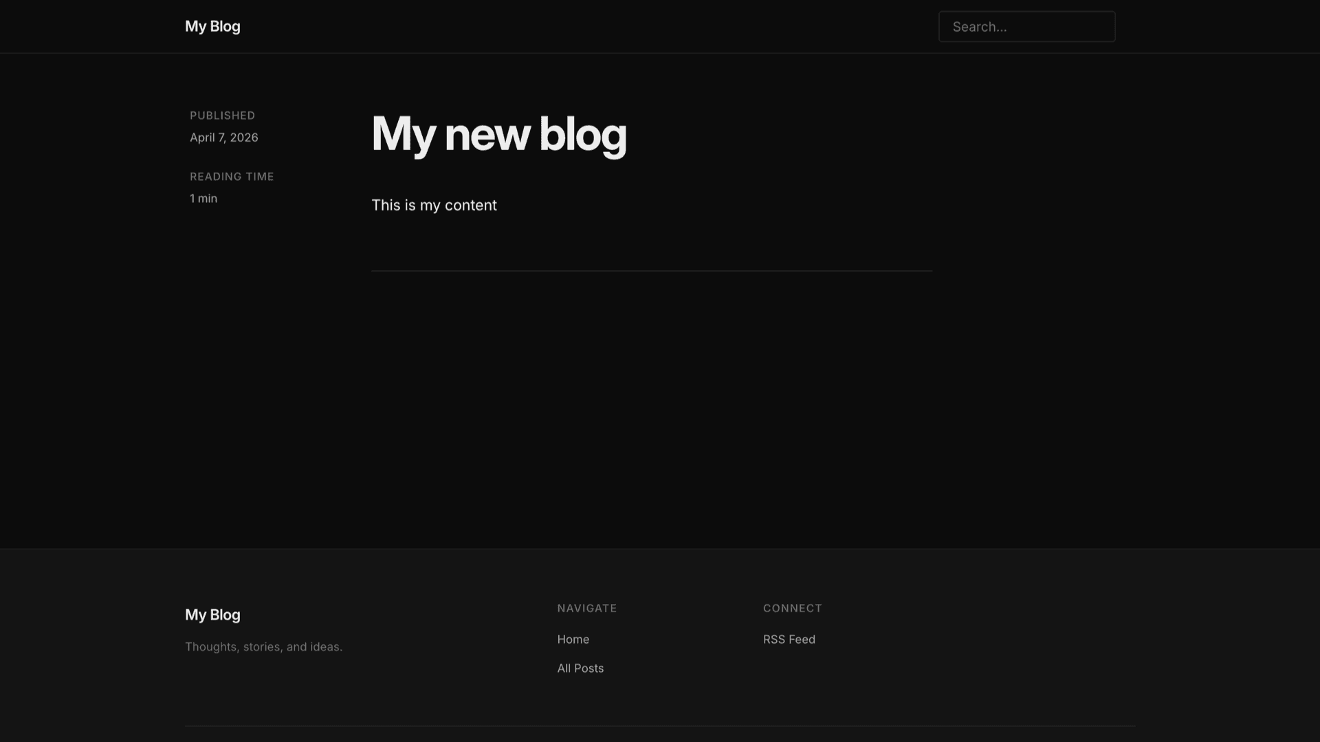 EmDash blog post page with title, published date, reading time, and Portable Text body content