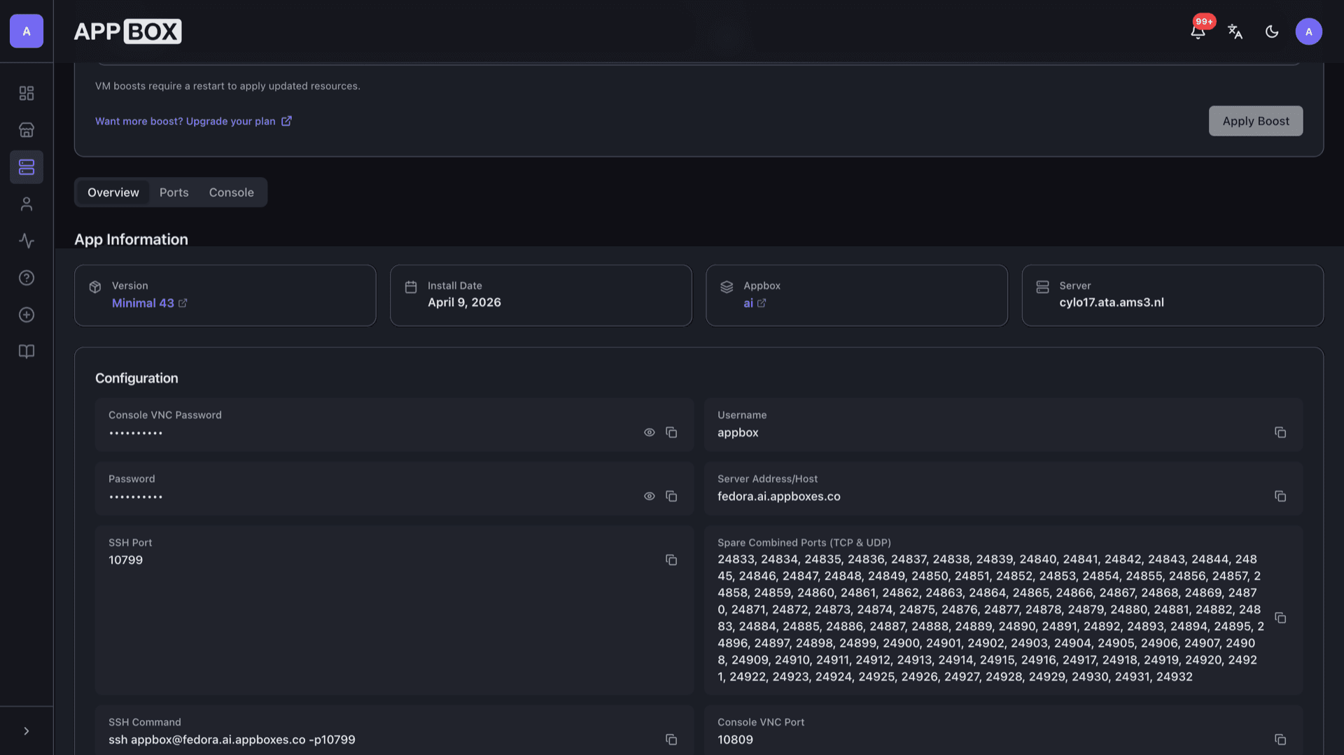 Installed Fedora VPS on Appbox: Overview tab with SSH hostname, port, masked passwords, and ssh command copy actions
