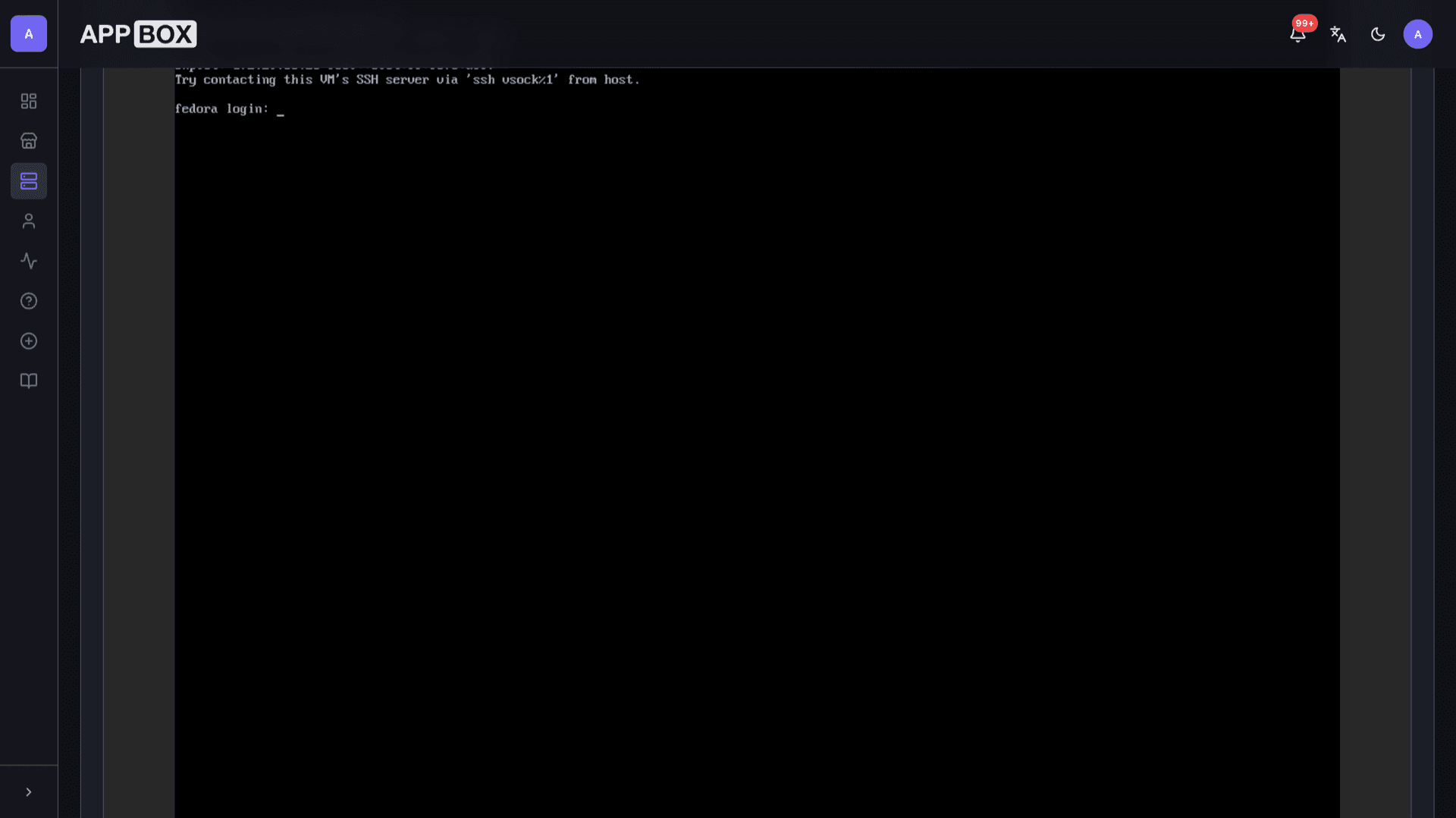VM web console connected to a running Fedora guest showing the login prompt after boot