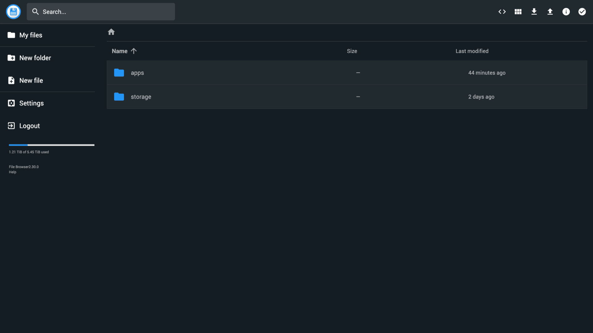 File Browser 2.30.0 files view showing Home breadcrumb, apps and storage folders, toolbar actions, and disk usage in the sidebar