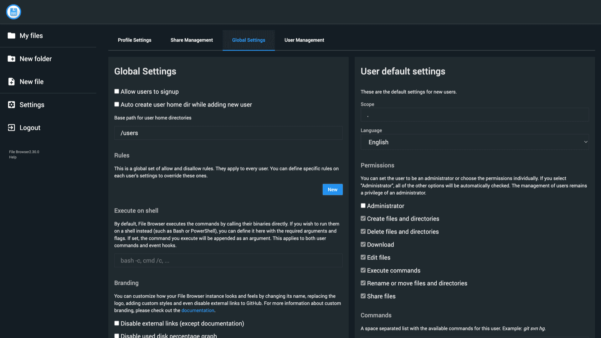 File Browser Global Settings with rules, execute-on-shell, branding options, and default user permissions