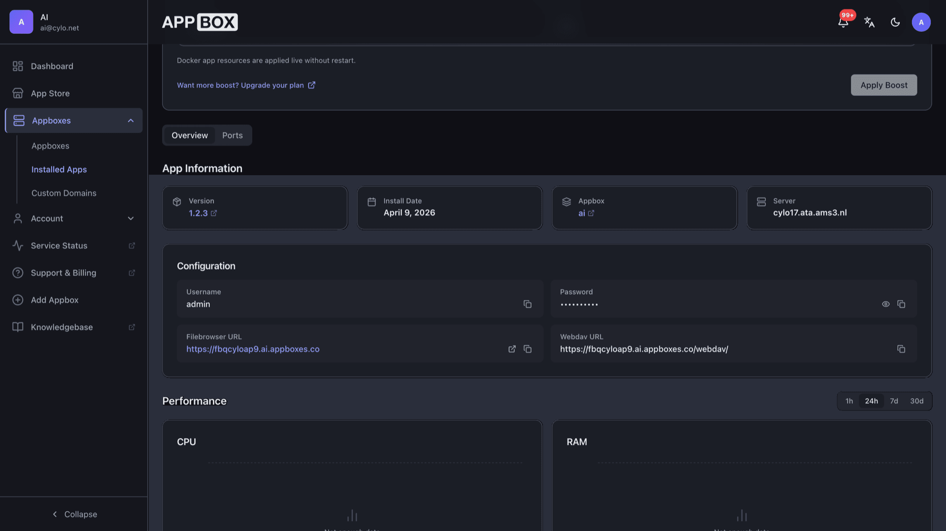 Installed File Browser Quantum on Appbox Overview with Filebrowser URL, WebDAV URL, and masked password in Configuration