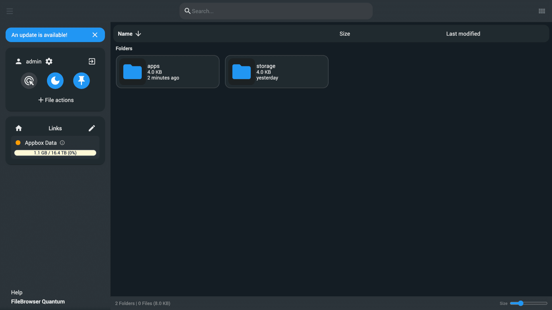 File Browser Quantum after sign-in showing Appbox Data with apps and storage folders in the web file manager