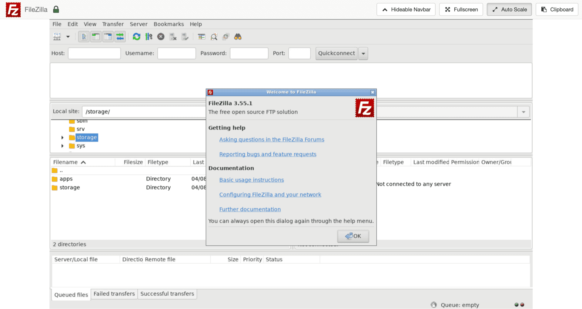 FileZilla Client running in the browser with local and remote directory panes