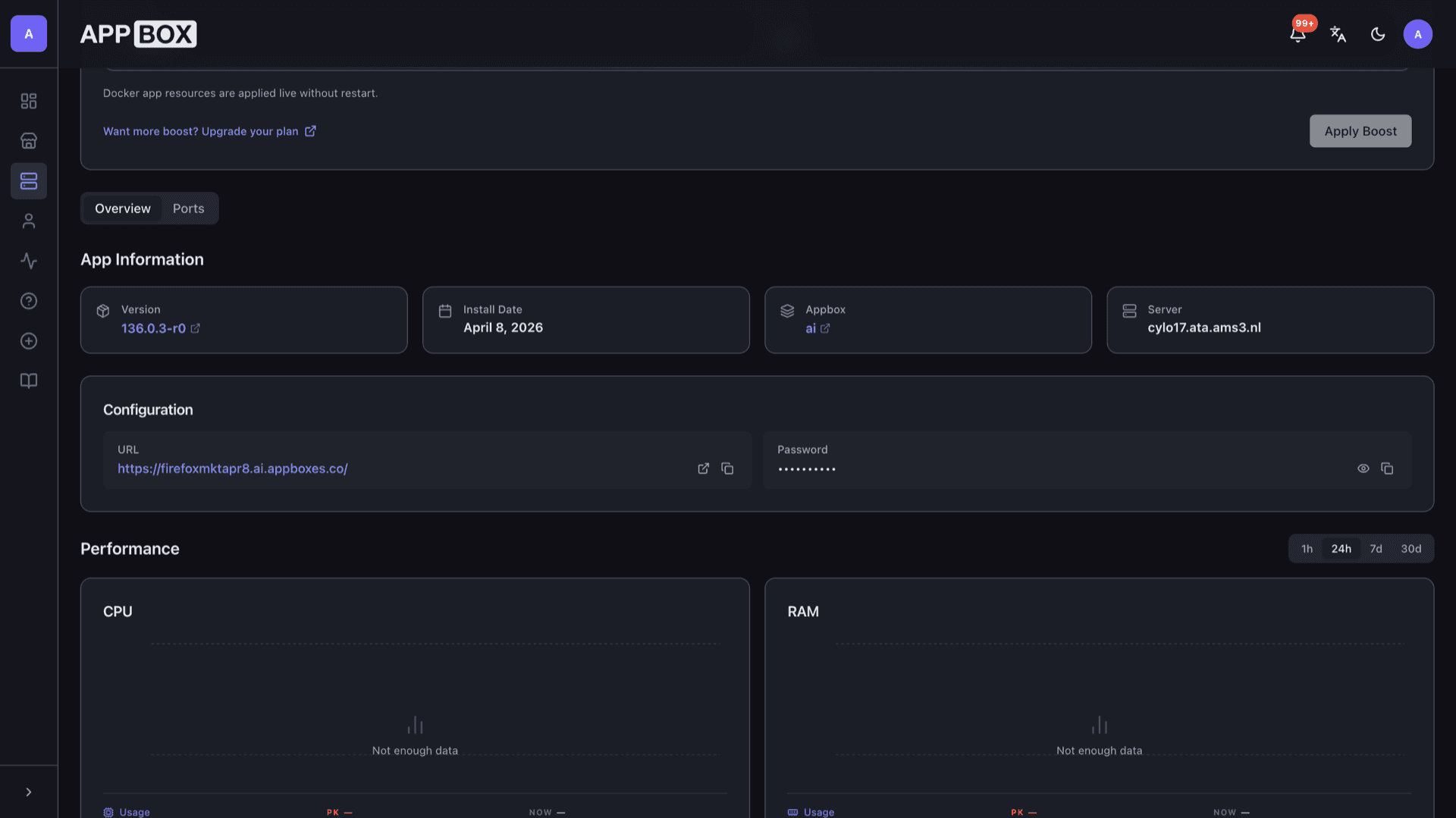 Appbox installed app Overview for Firefox showing Web UI URL, version, Appbox name, server hostname, and Configuration with URL and masked password
