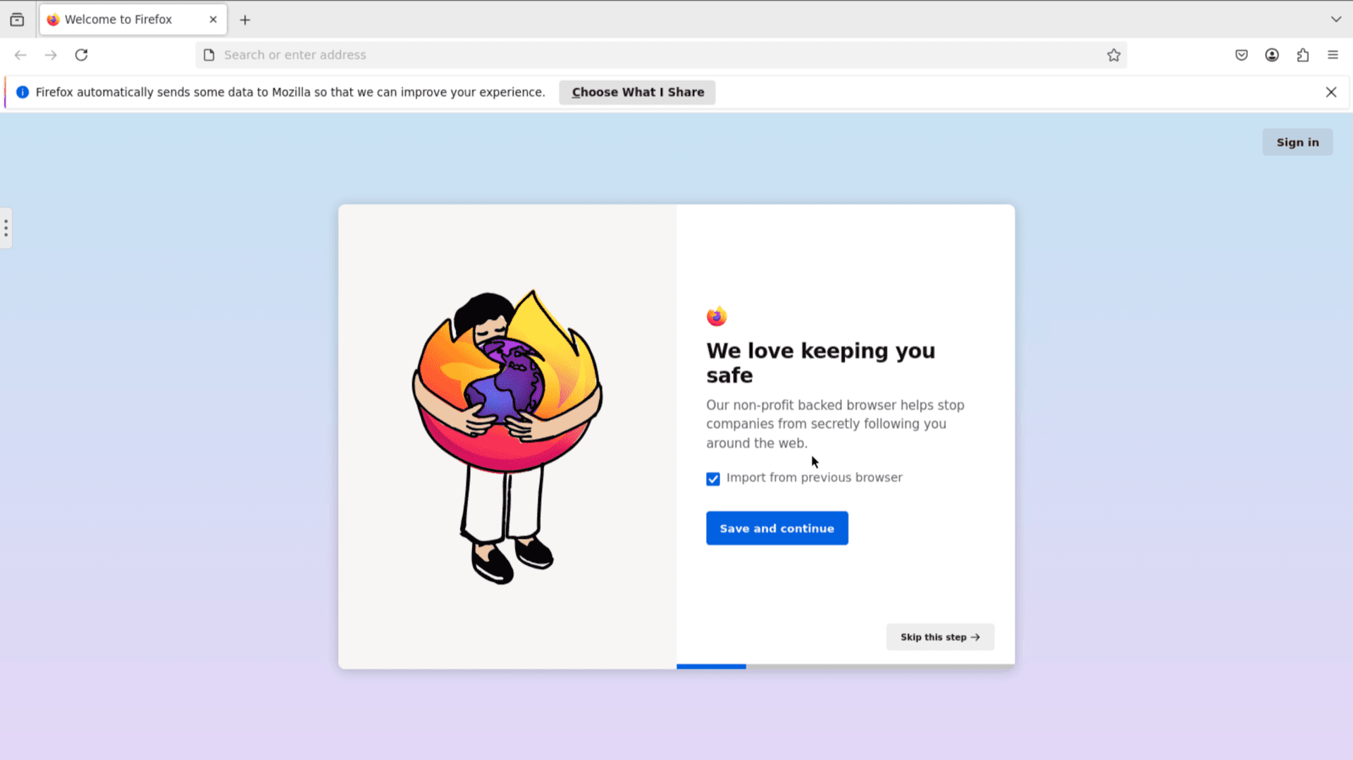 noVNC session displaying Firefox welcome screen with import option and Save and continue in the remote browser window