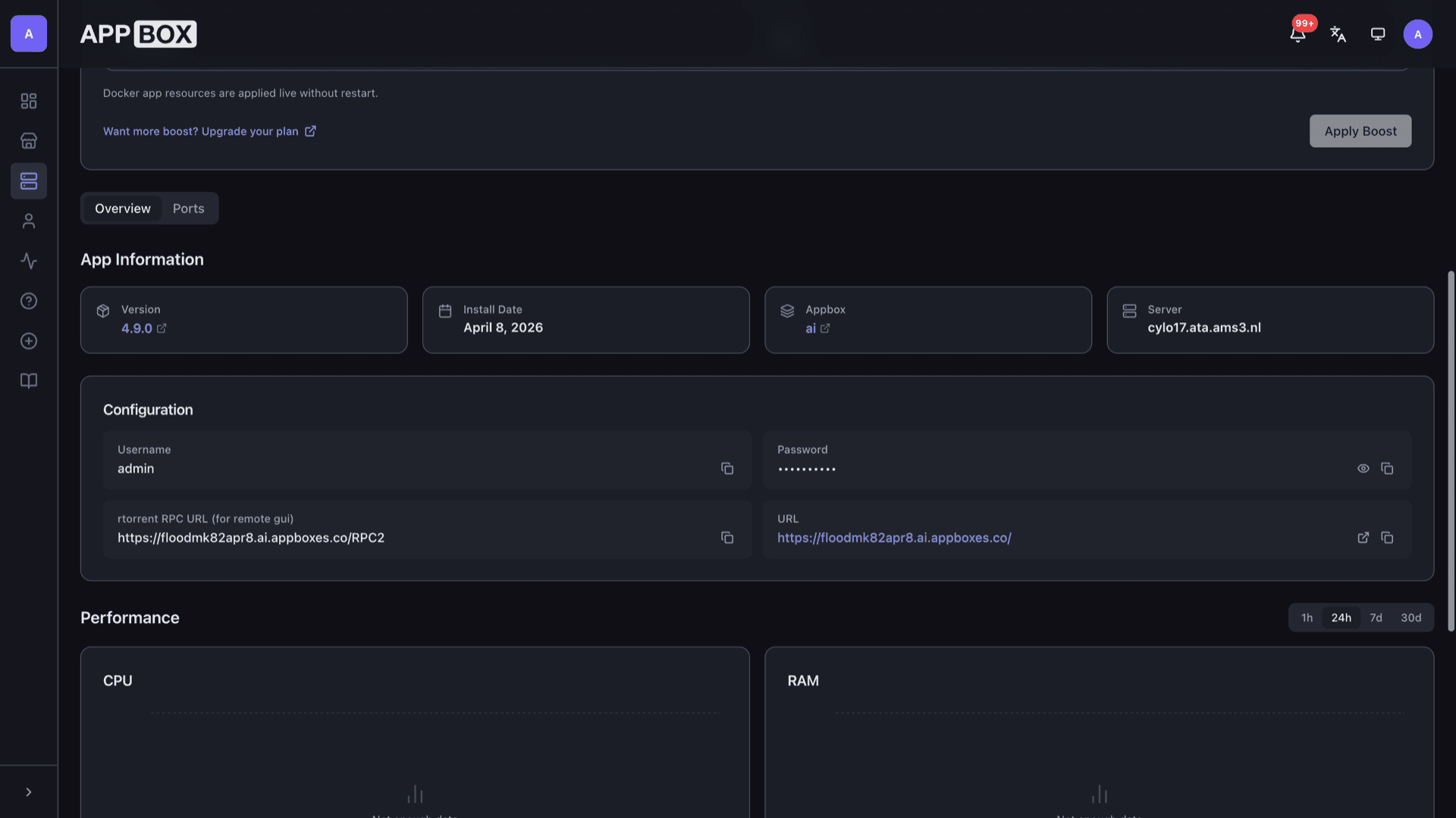 Appbox installed app Overview for Flood showing Web UI link, username, and rTorrent RPC URL