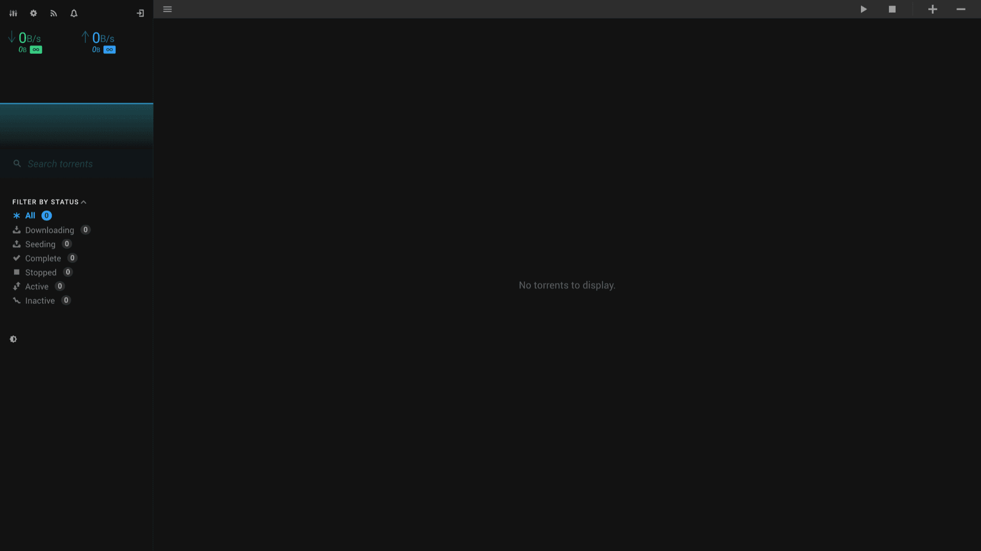 Flood main overview after login with sidebar filters and empty torrent list