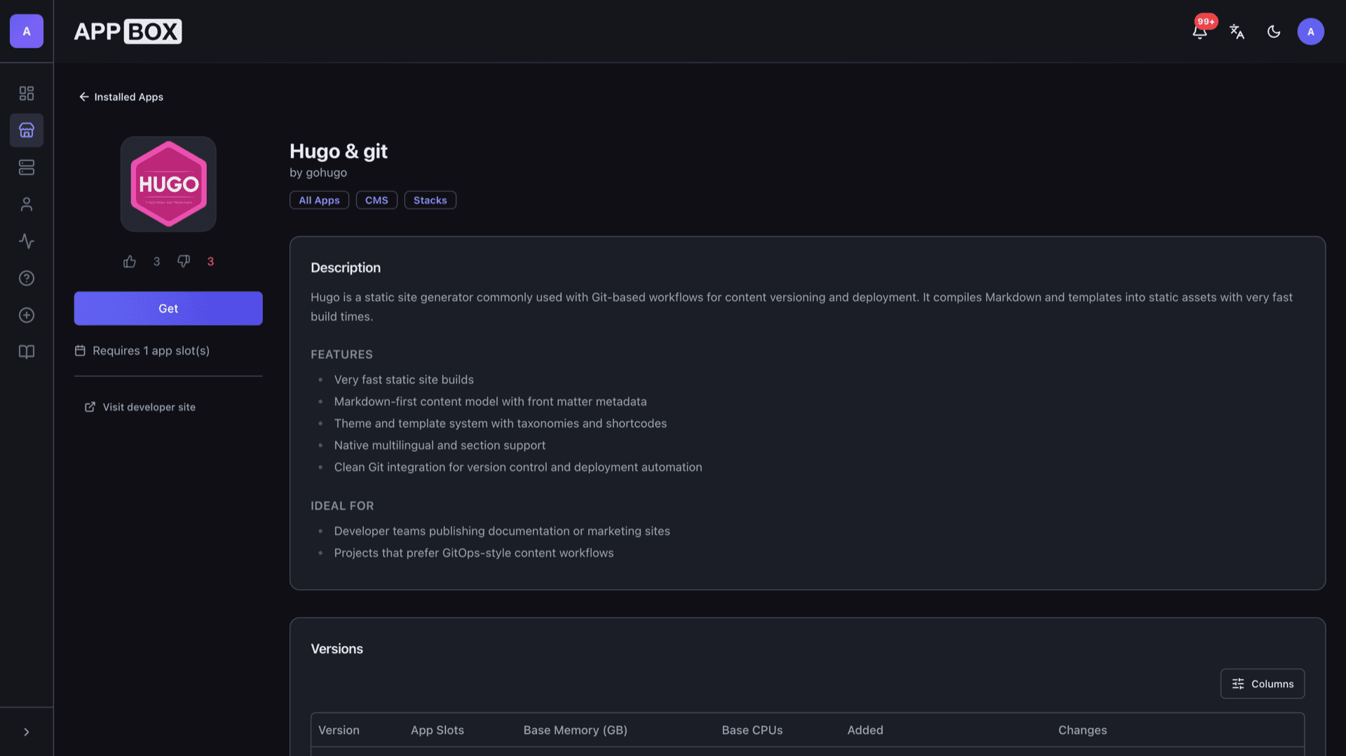 Appbox App Store page for Hugo and git showing description, features, Get button, and resource requirements