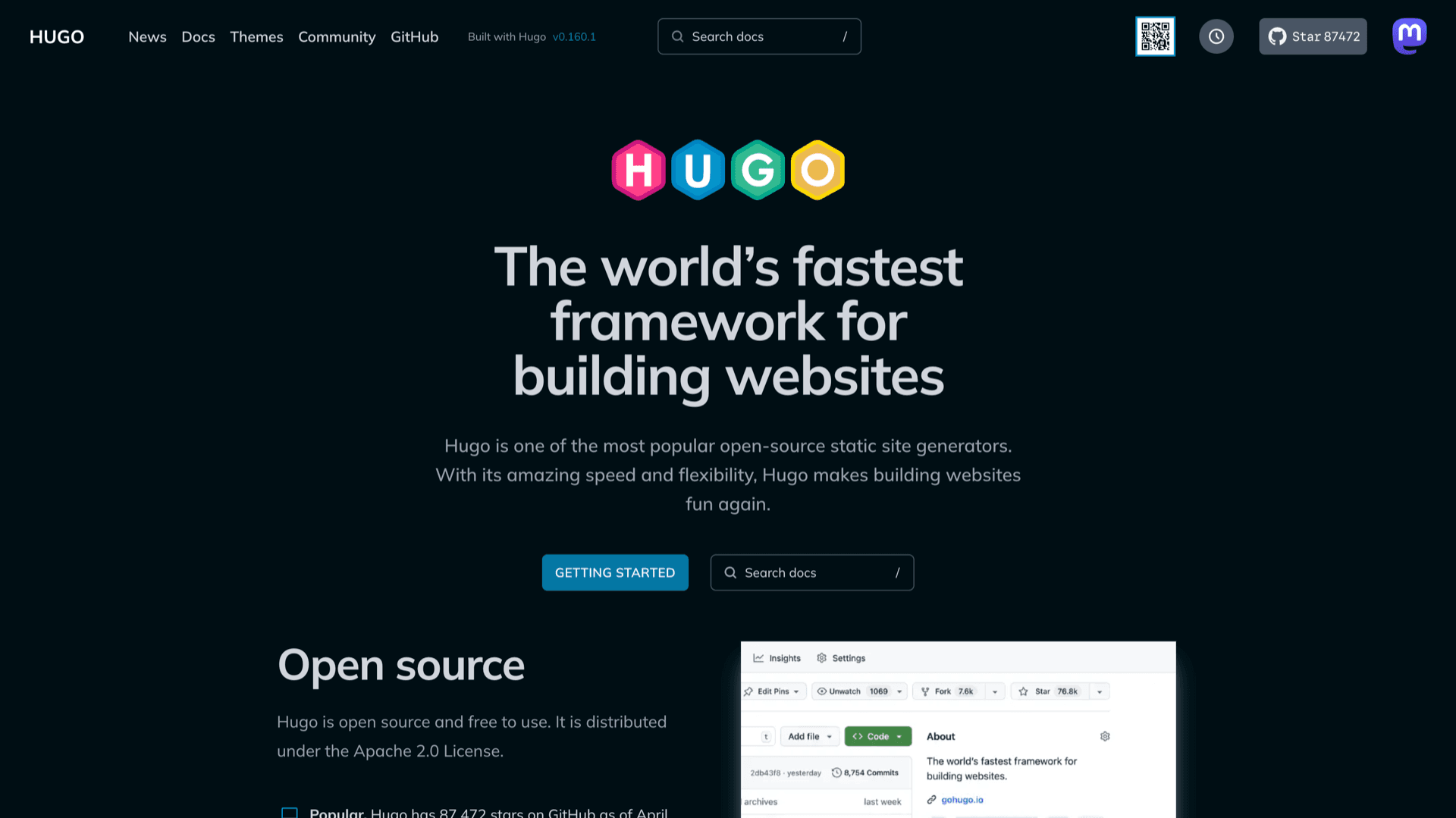 Hugo open-source project homepage with logo, tagline, and Getting Started call to action