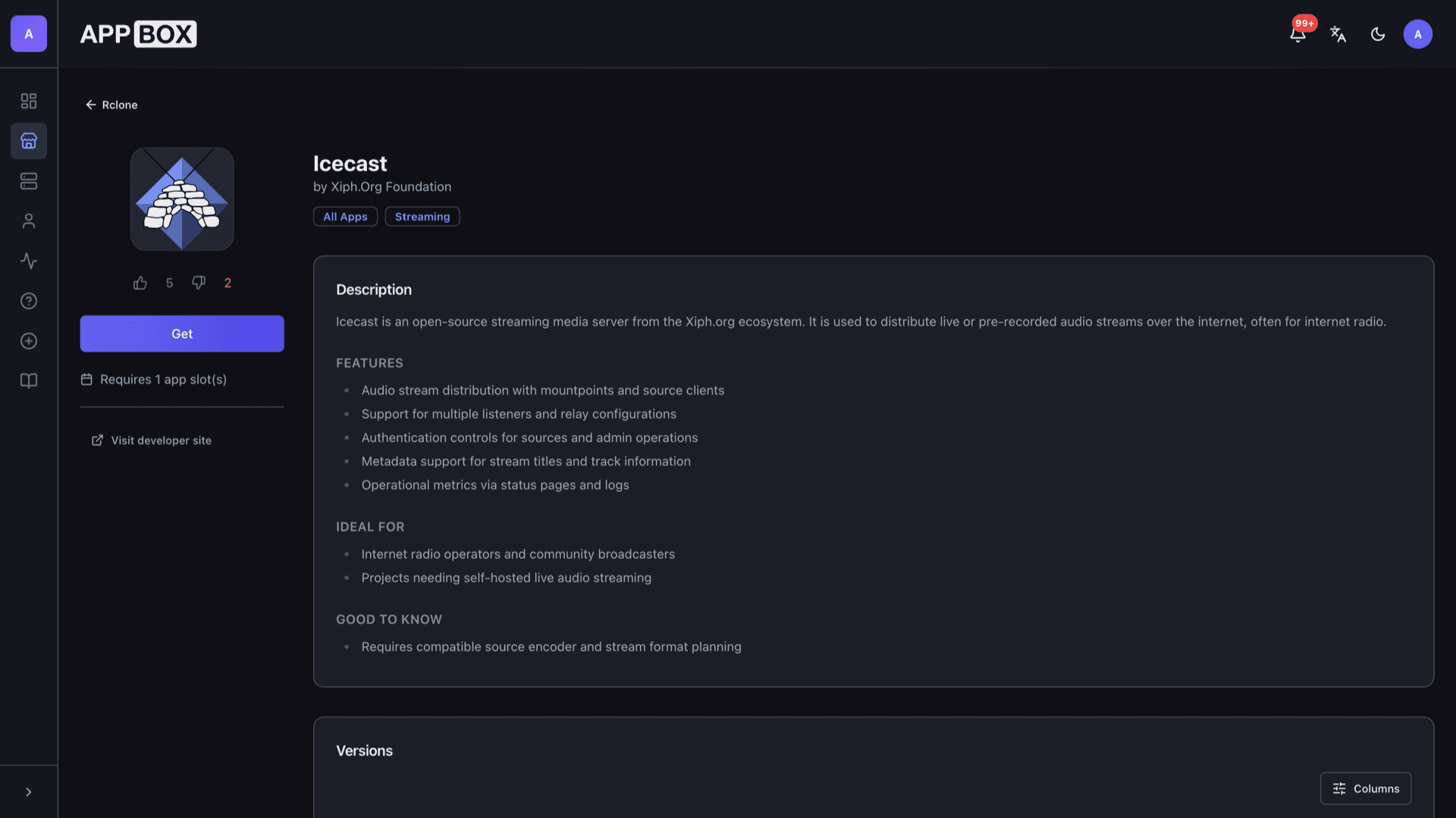 Appbox App Store page for Icecast by Xiph.Org Foundation with description, features, and Get button