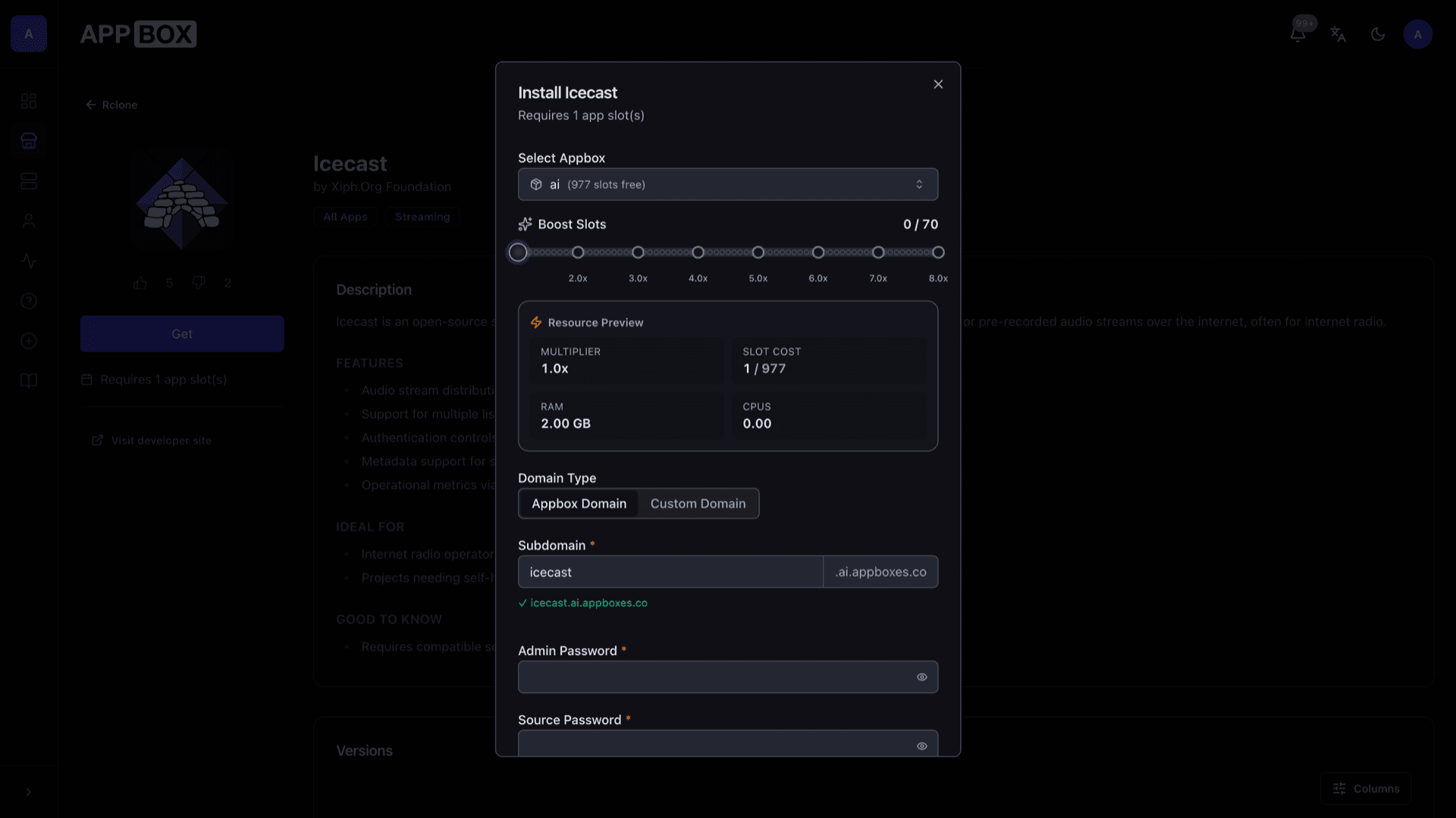 Install Icecast modal showing Appbox selection, subdomain, and admin source and relay password fields