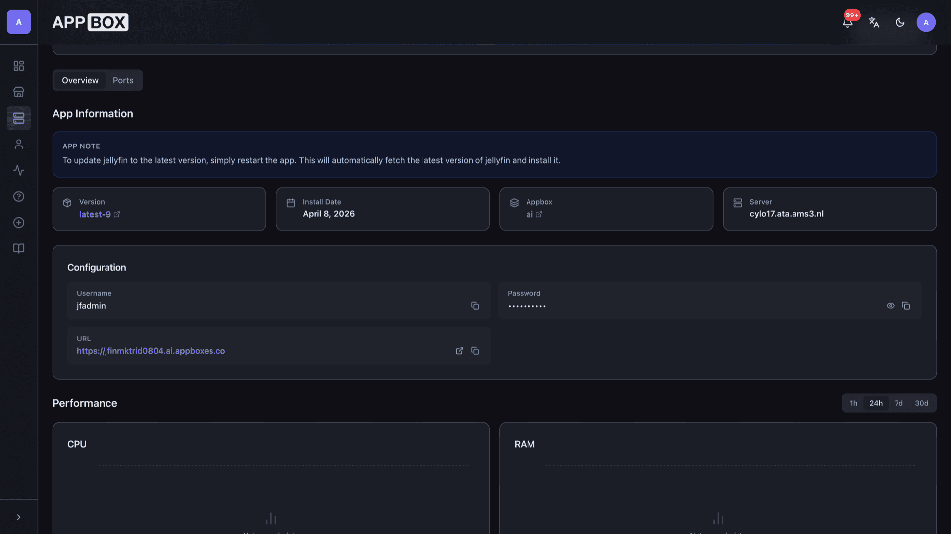Appbox installed app Overview for Jellyfin showing version, Appbox name, HTTPS URL, and Configuration credentials