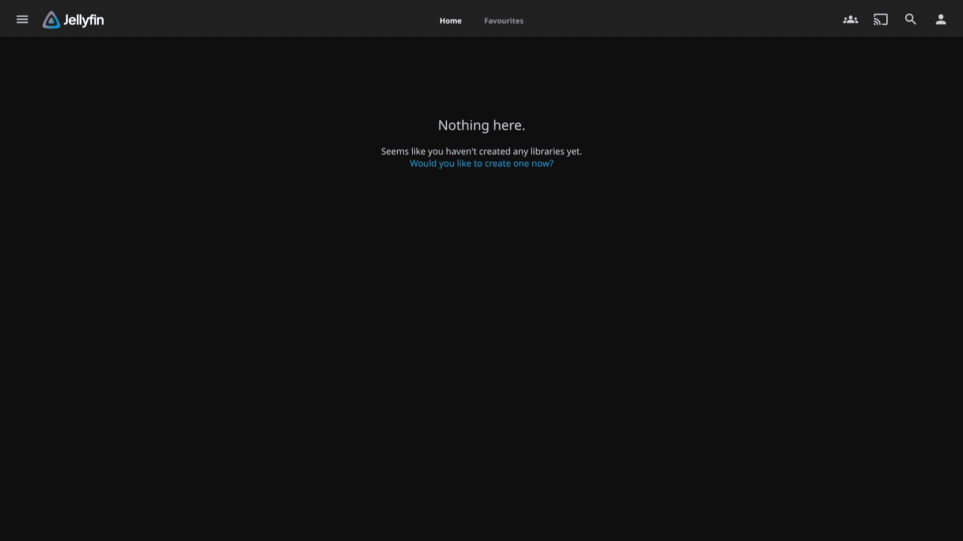 Jellyfin web home after sign-in with empty libraries prompt and top navigation
