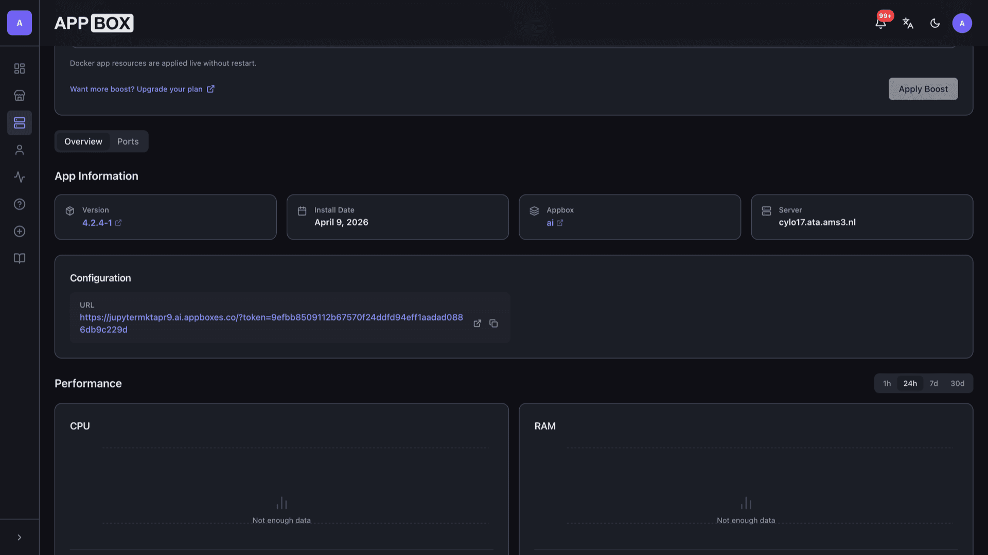 Appbox installed app Overview tab for Jupyter Notebook showing version, server, and Configuration URL with open and copy actions