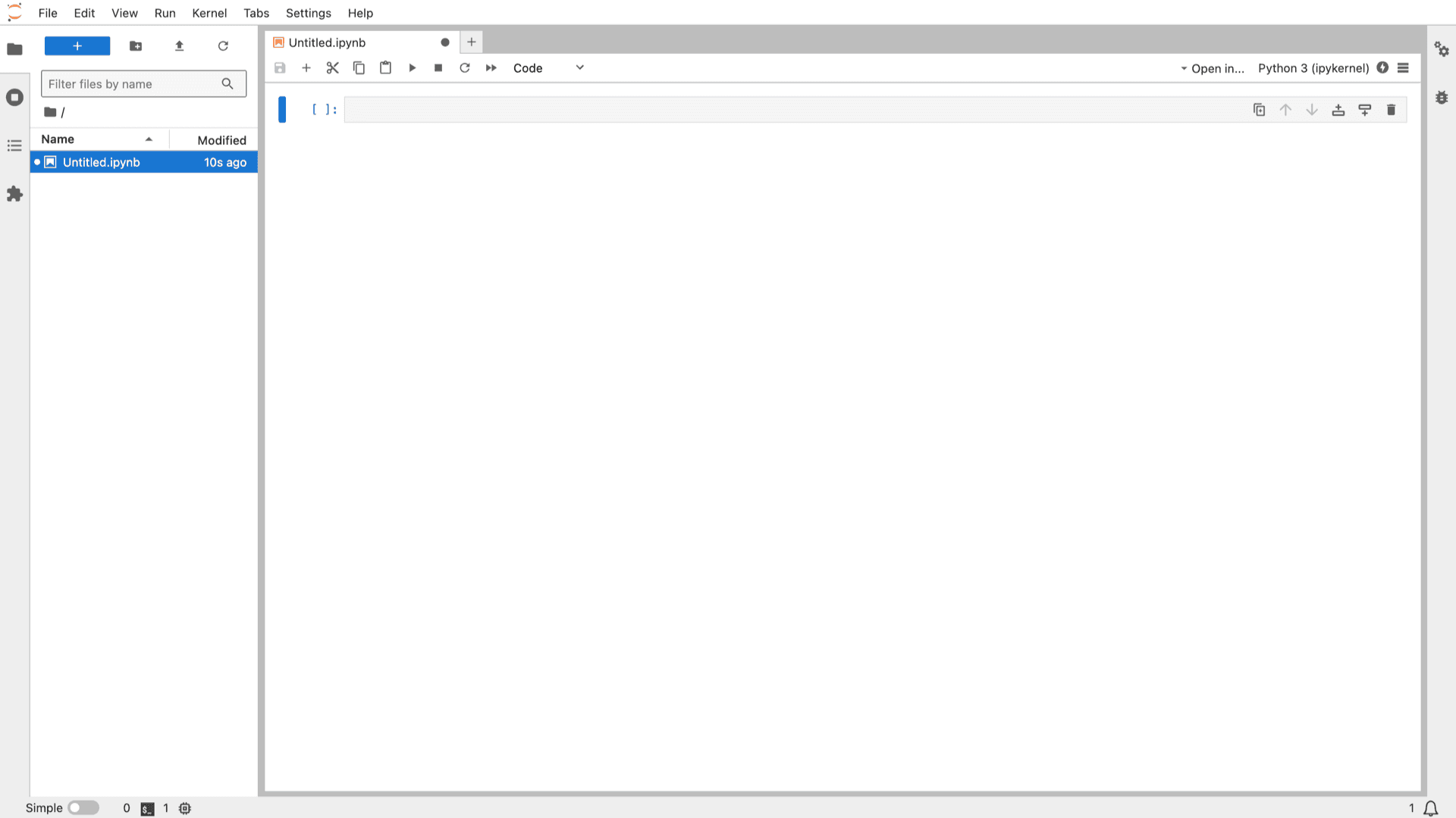JupyterLab after sign-in with file browser, Untitled.ipynb tab, empty code cell, and Python 3 ipykernel in the toolbar