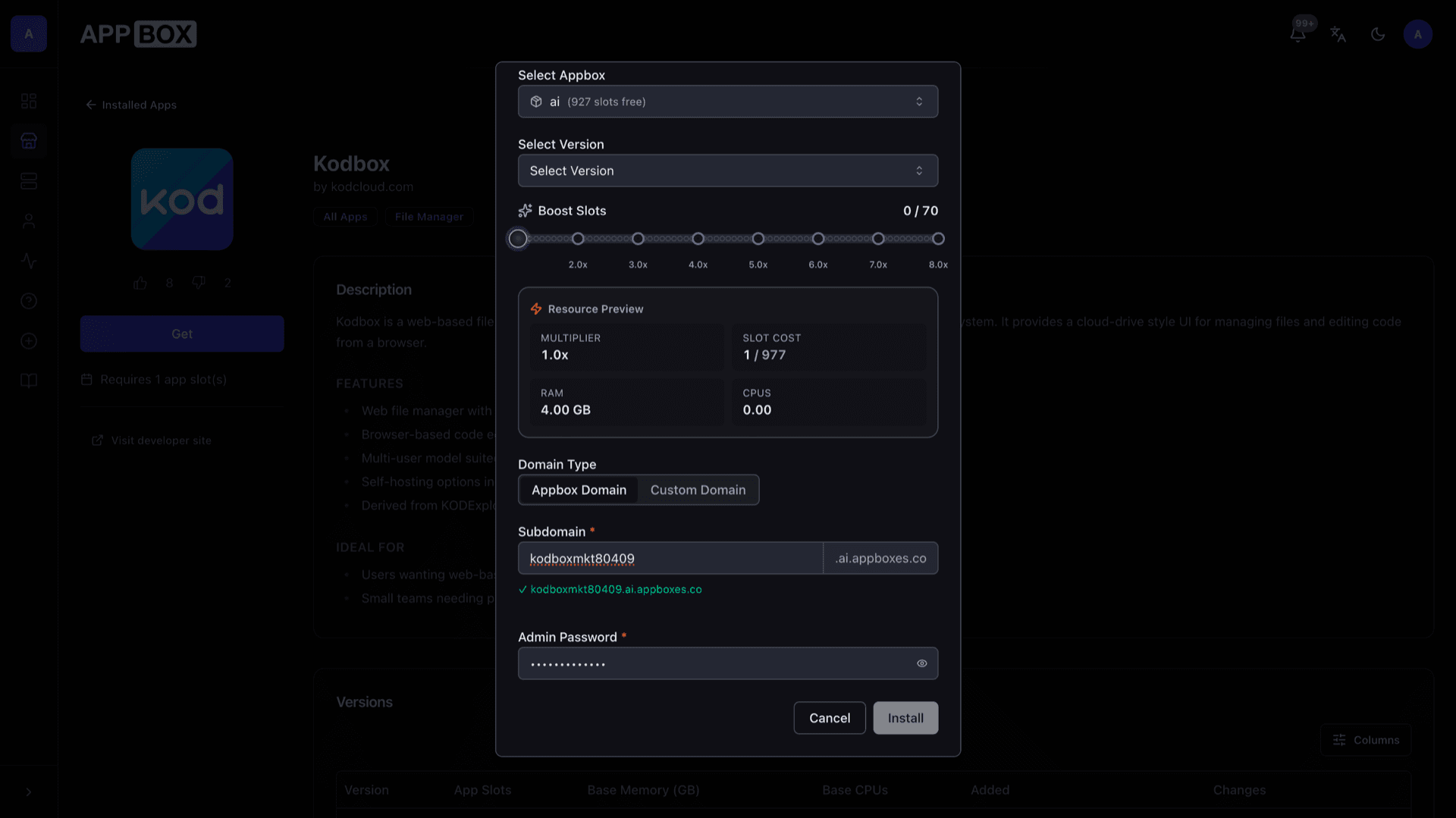 Appbox install modal for Kodbox showing Appbox selection, version, subdomain, and admin password field