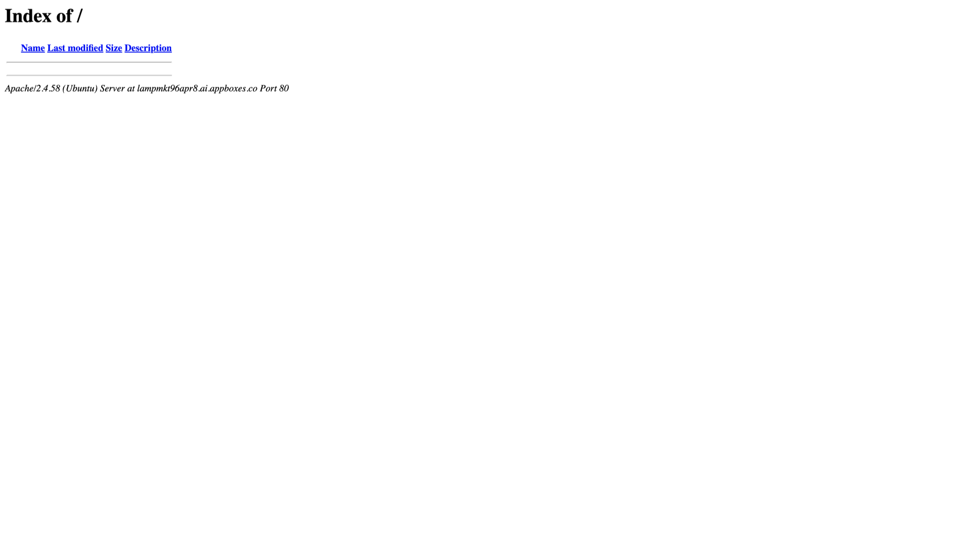 Apache directory index served from the Lamp Stack web root showing Apache version banner