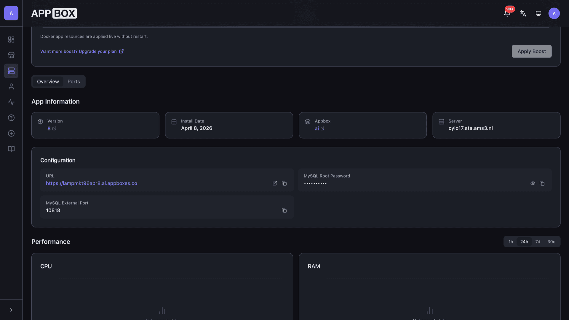 Appbox installed app overview for Lamp Stack showing Web UI URL, Configuration with MySQL root password and external port