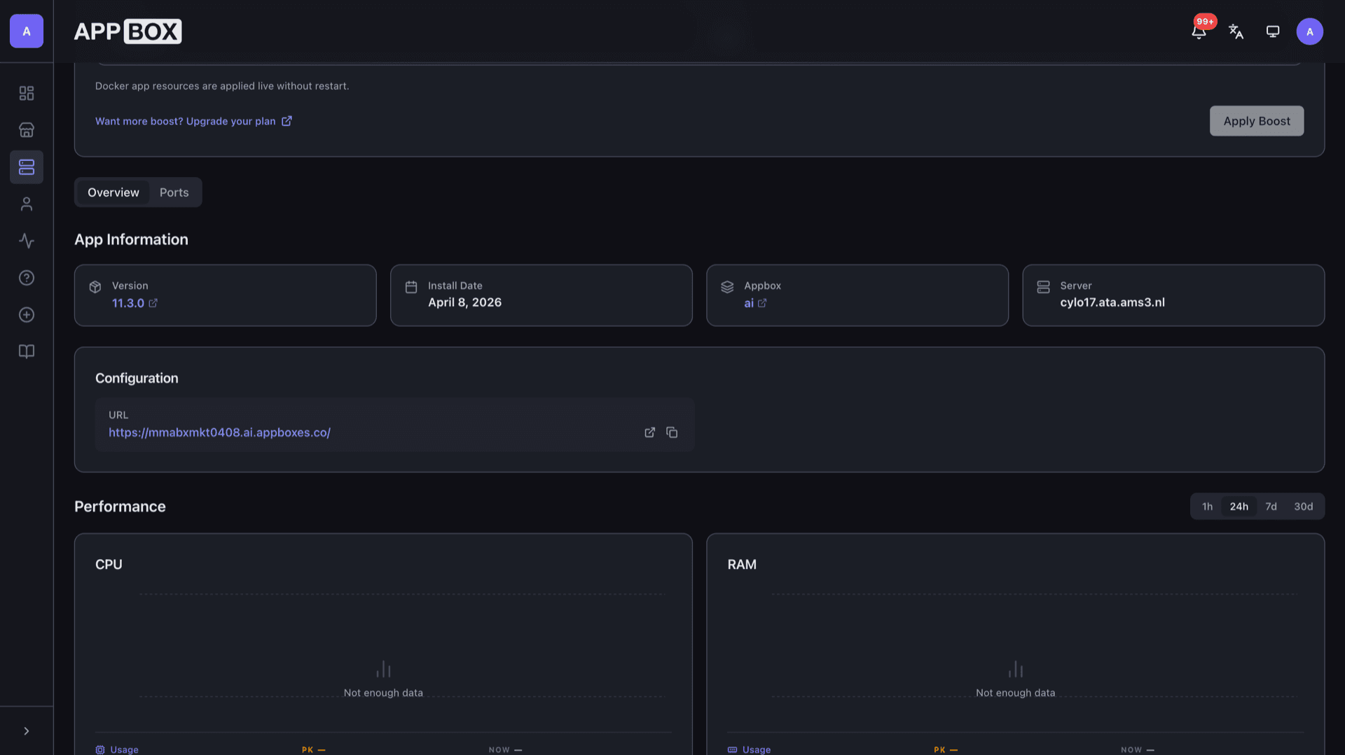 Appbox installed app overview for Mattermost showing version, server, and HTTPS workspace URL