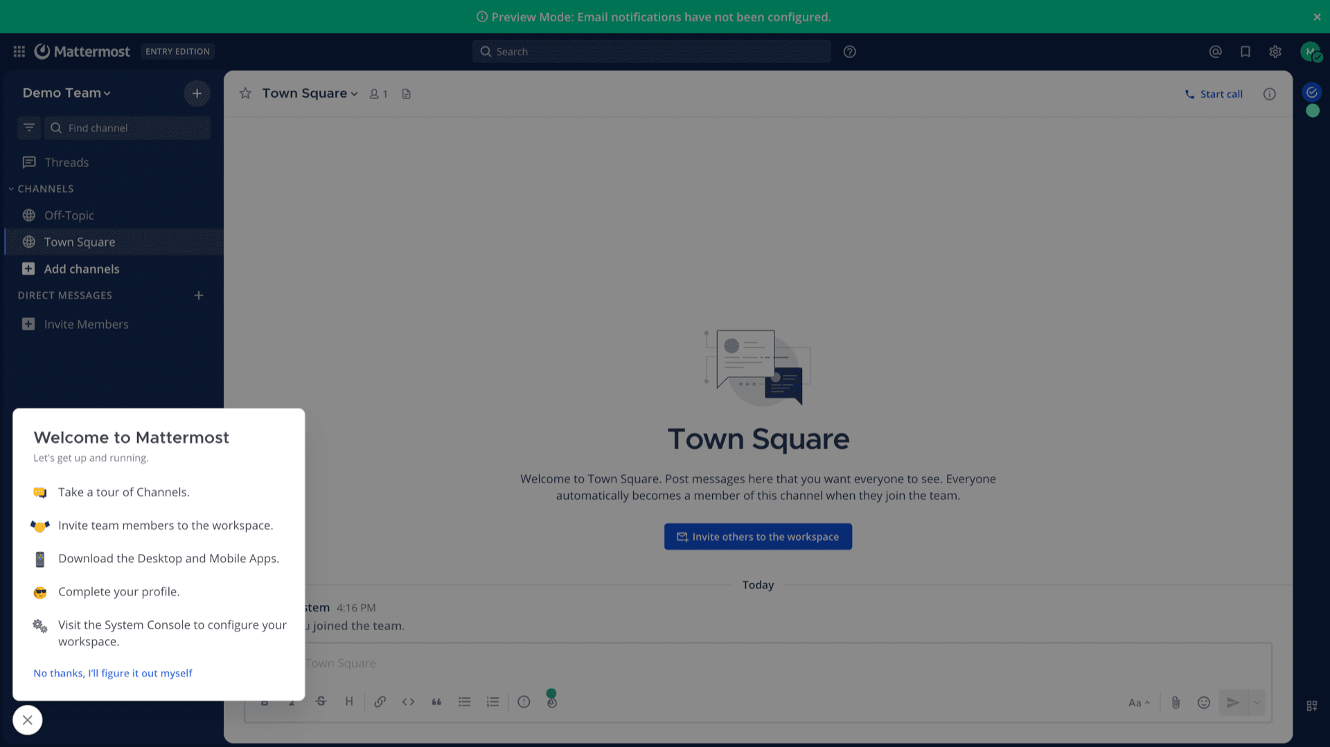 Mattermost Town Square channel with central thread, reply bar, and channel sidebar