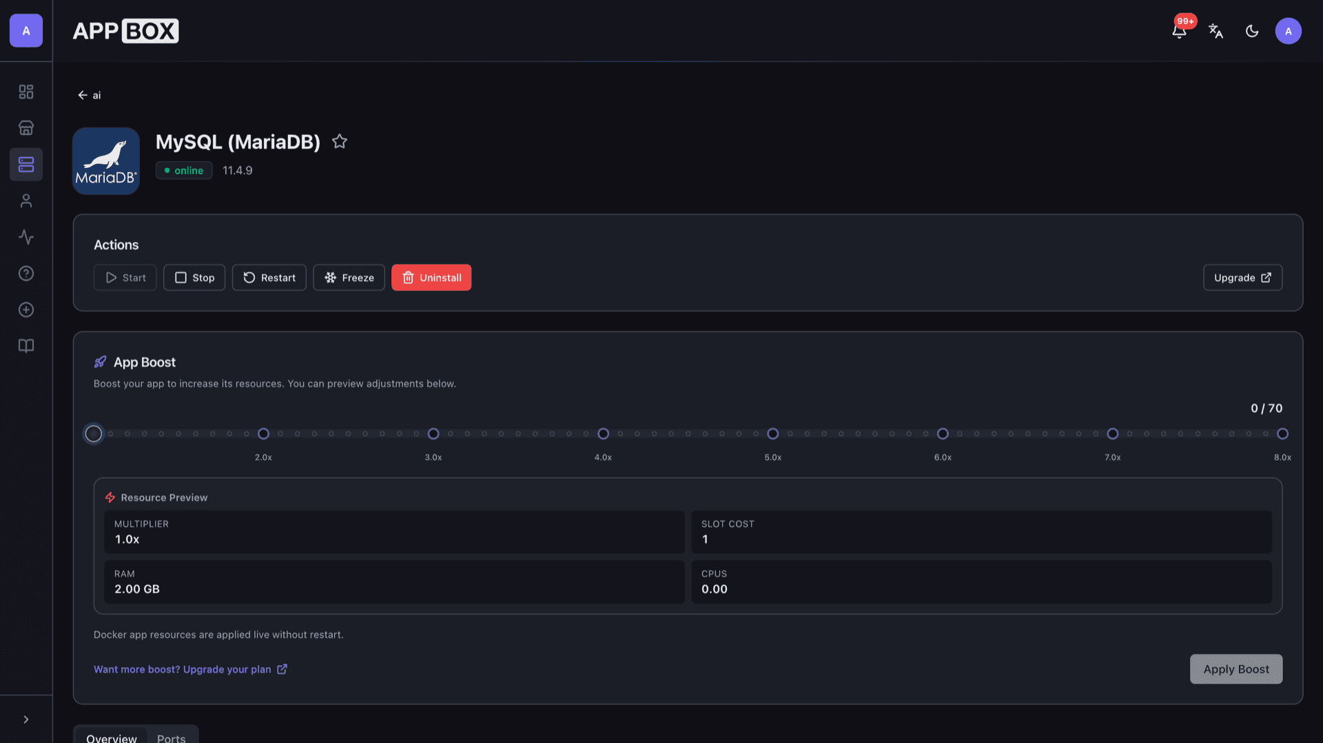 Appbox installed app overview for MySQL (MariaDB) showing online status, version, actions, and App Boost