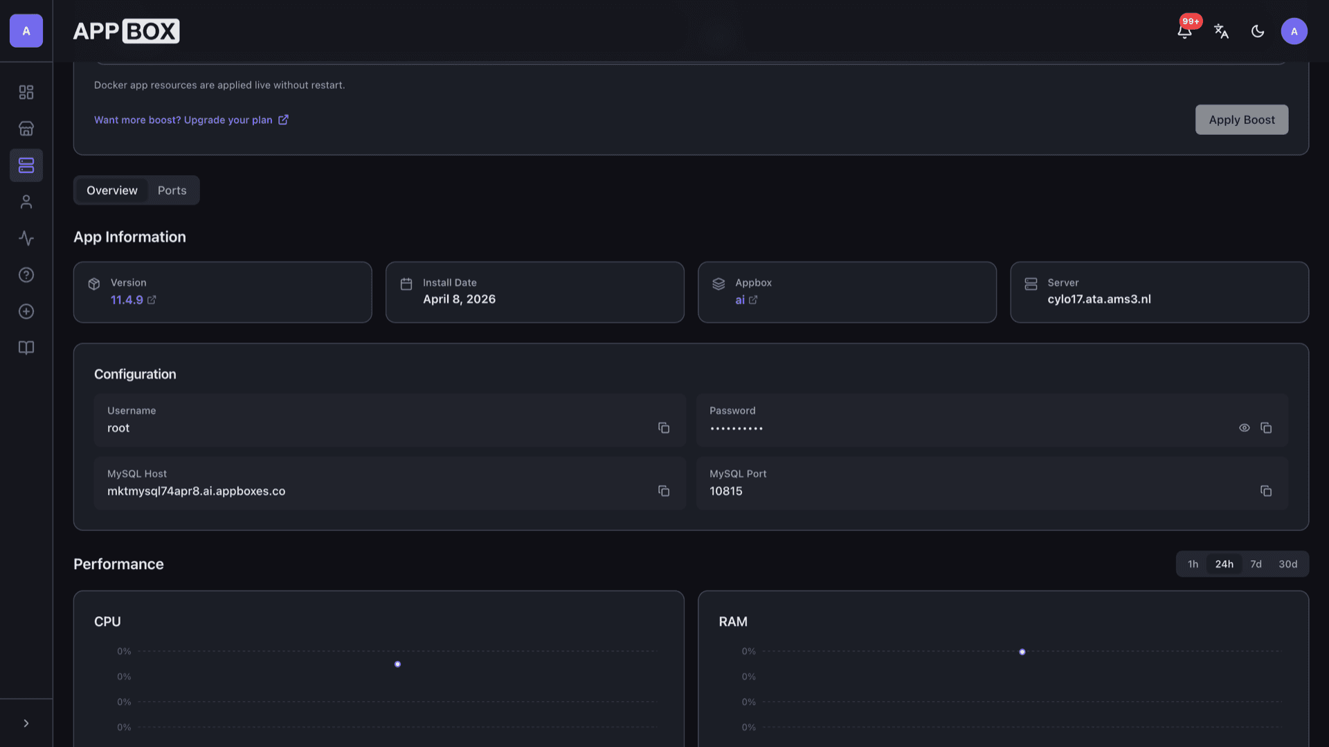 Configuration section with MySQL Host, MySQL Port, root username, and masked password with copy controls