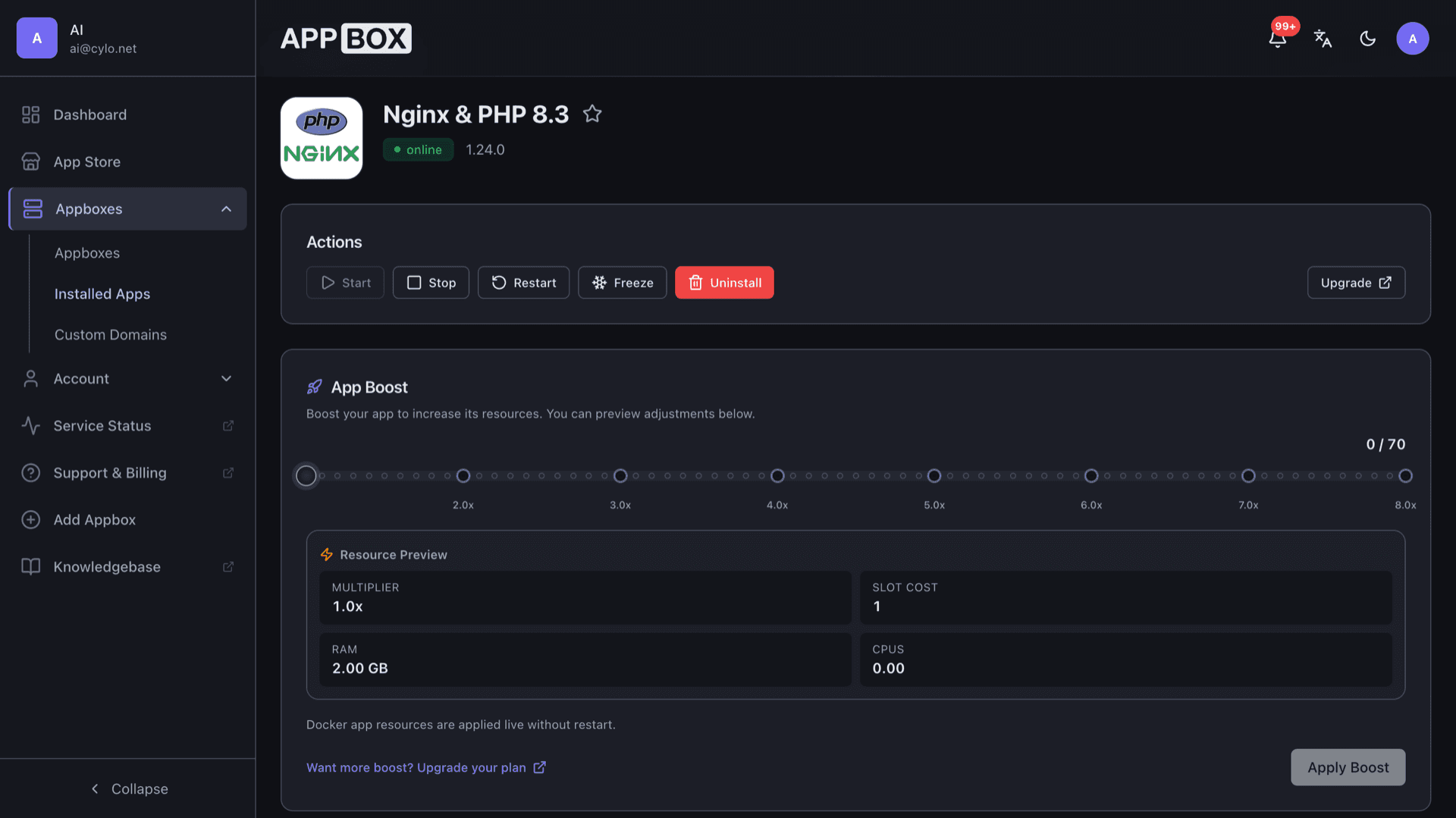 Installed Nginx and PHP 8.3 app on Appbox showing version, Appbox name, Web UI link, and domain in Configuration