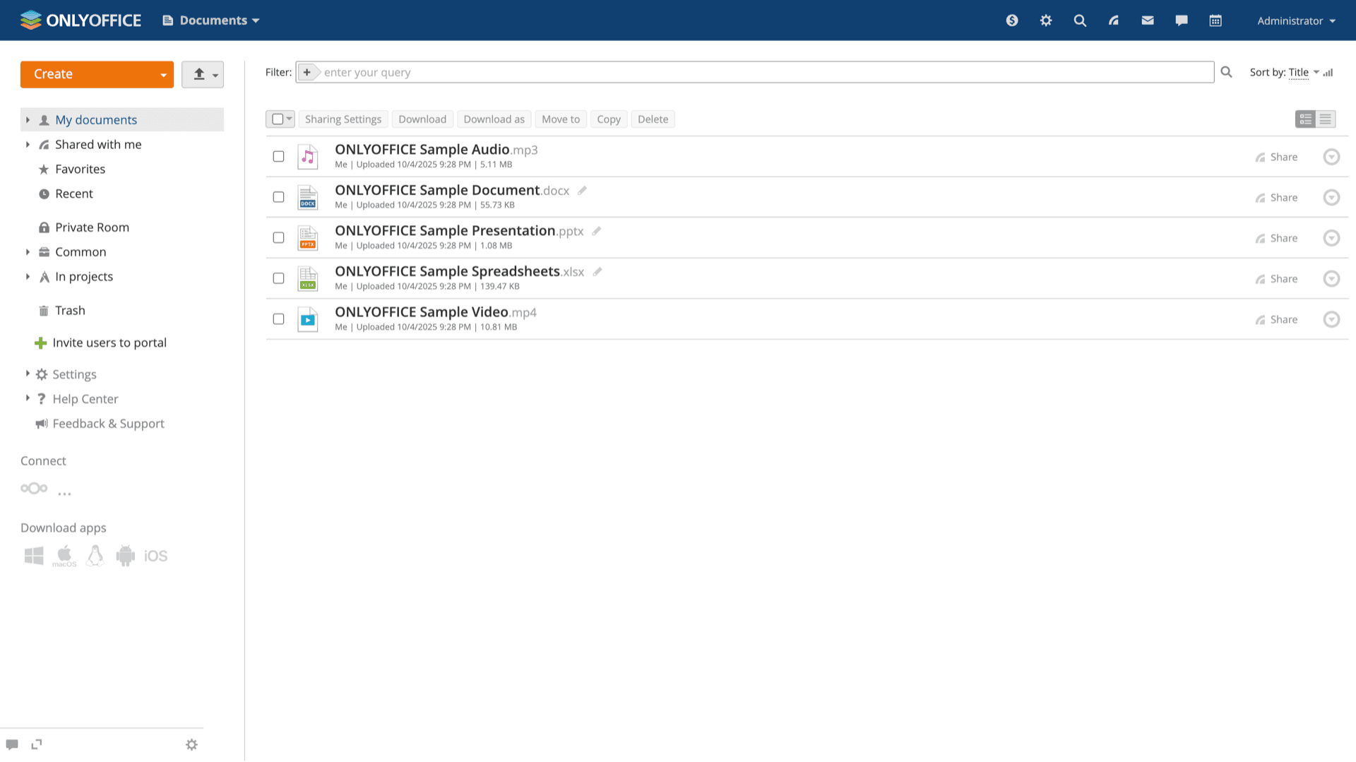 ONLYOFFICE Documents module on an Appbox-provisioned hostname while signed in, with sample Word, Excel, and PowerPoint files listed