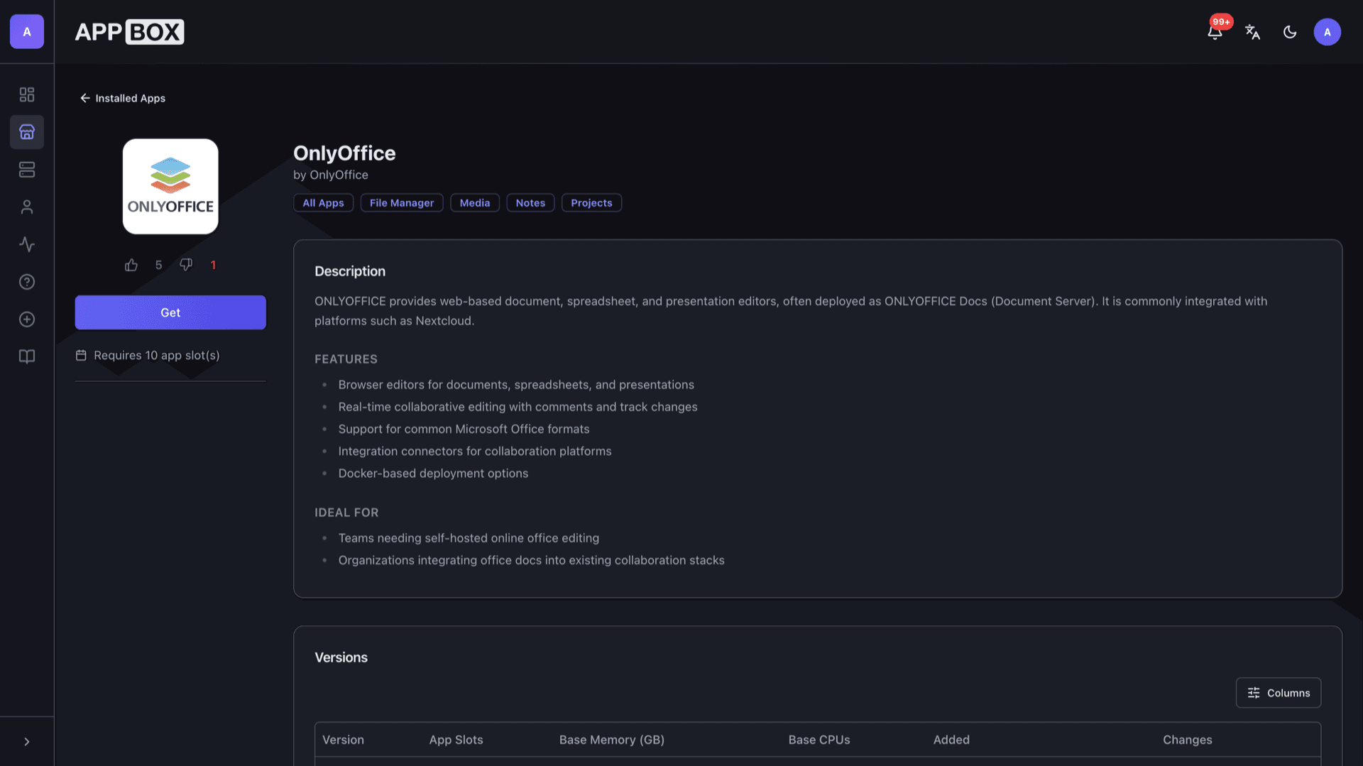 Appbox App Store listing for OnlyOffice with Get button, description, features, and 10 app slot requirement