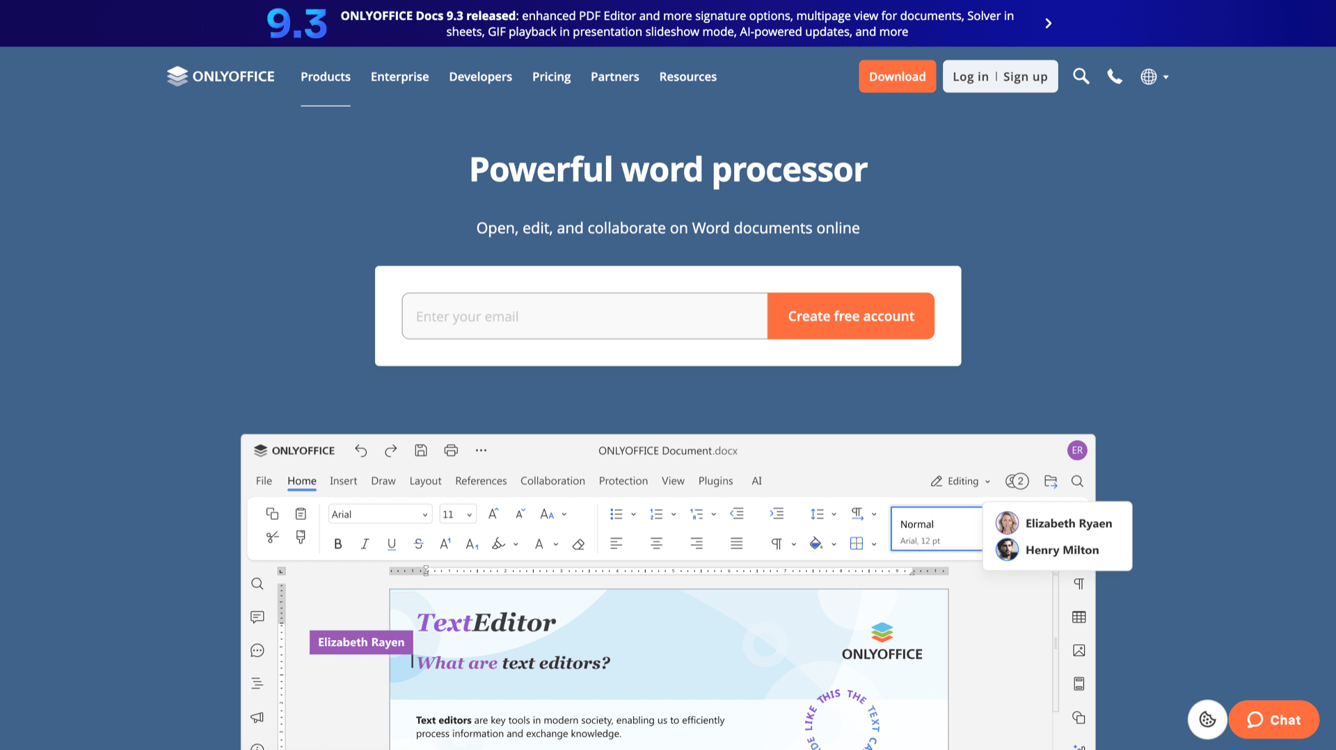 ONLYOFFICE Document Editor interface as shown on onlyoffice.com word processor product page (official marketing page, not a customer Appbox URL)