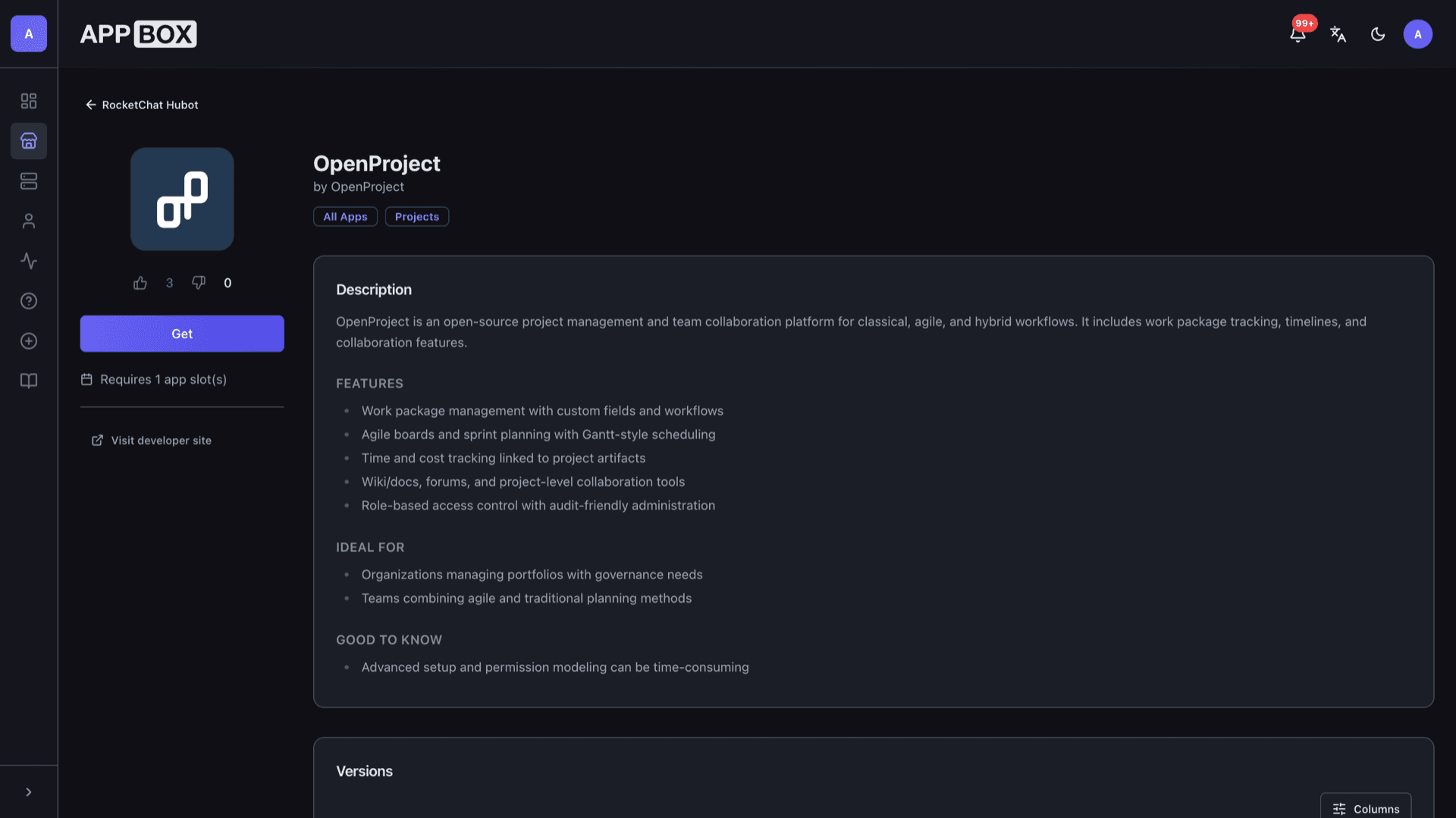 Appbox App Store page for OpenProject showing description, Get button, and version summary