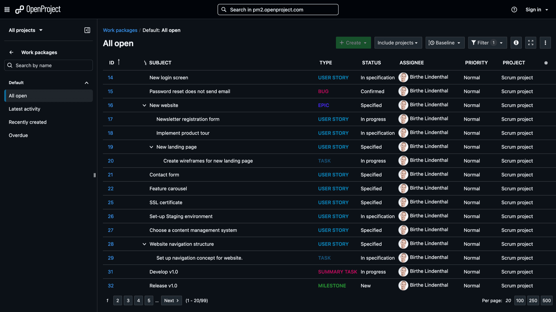 OpenProject work package table with subjects, types, statuses, and assignees in the public pm2.openproject.com demo