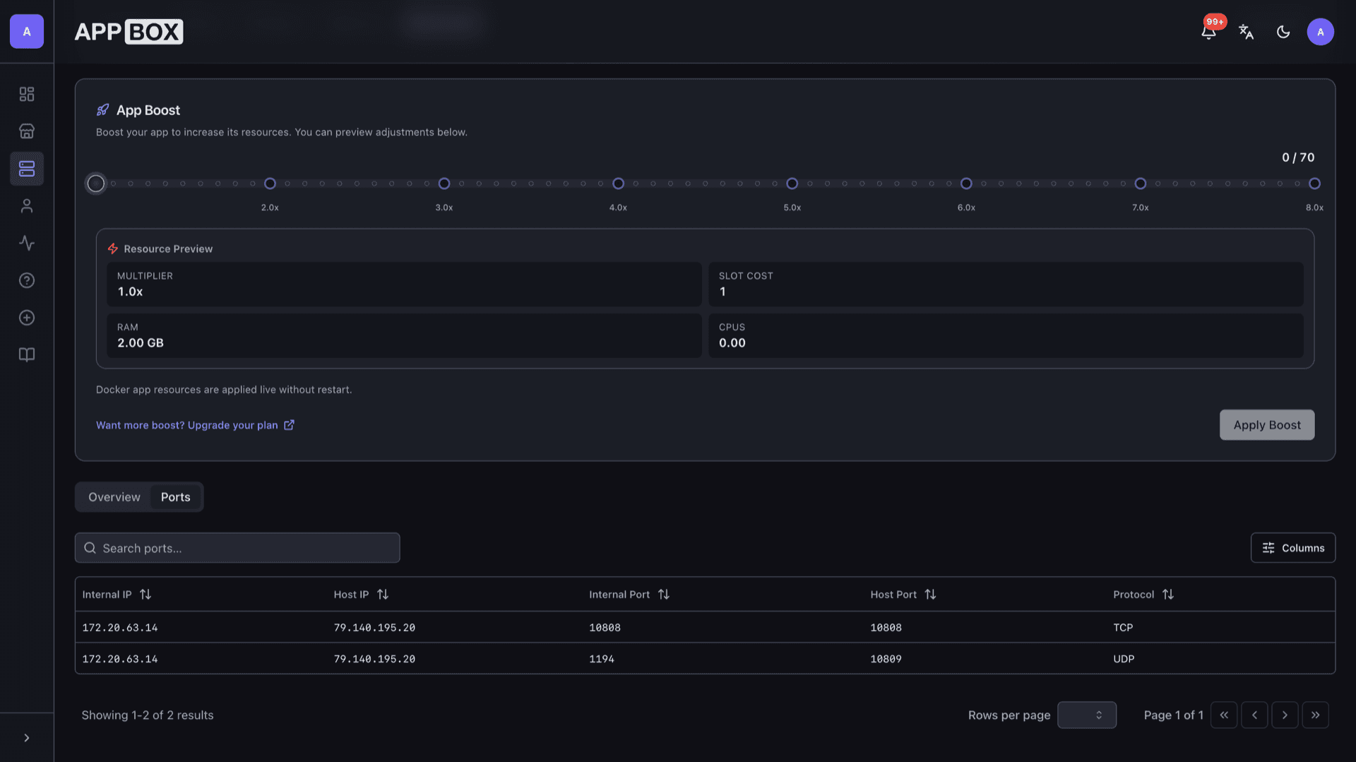 Appbox OpenVPN Ports tab listing TCP and UDP internal and host port mappings with public host IP