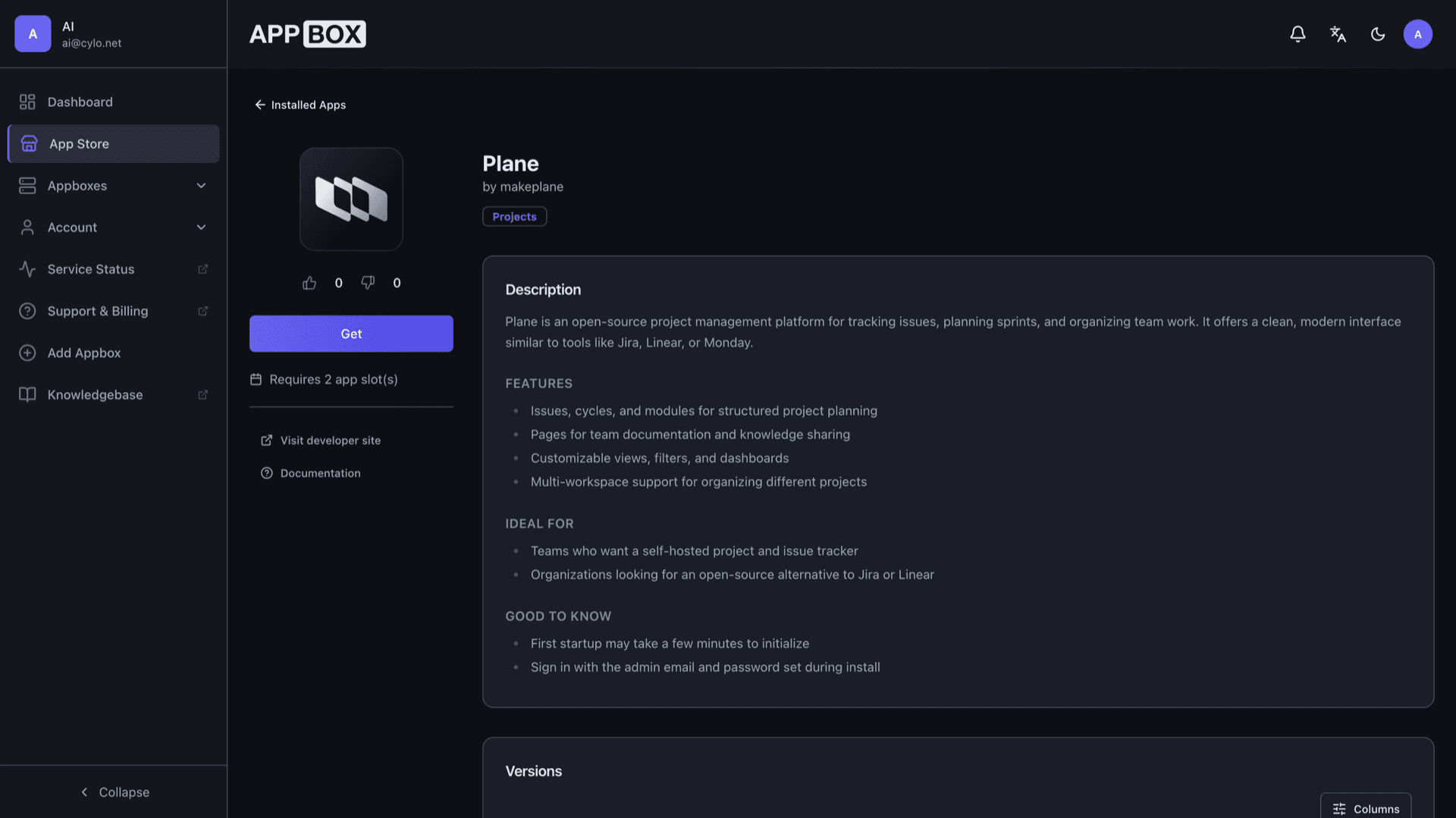 Appbox App Store page for Plane by makeplane with Get button, description, and feature bullets