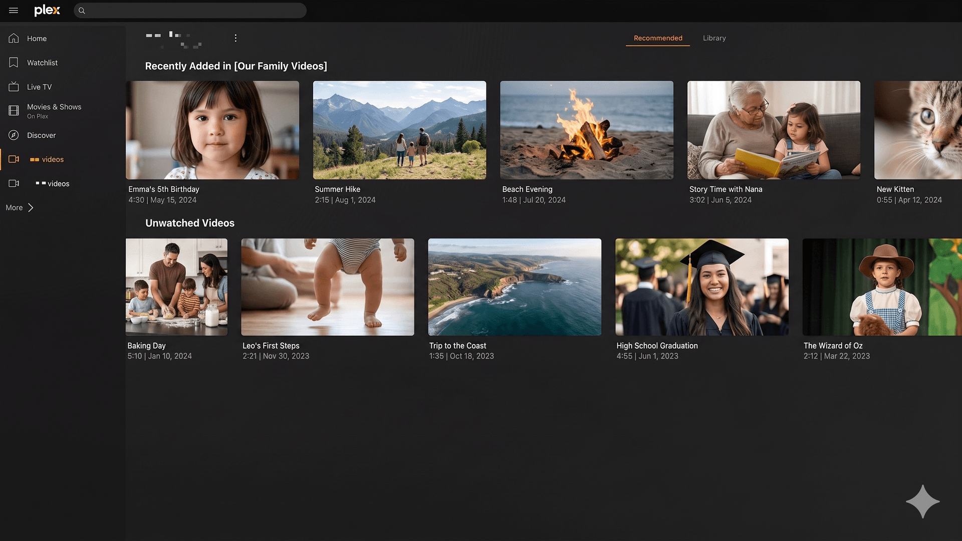 Plex Web showing a dark media library interface with poster artwork, navigation, and yellow Plex accents