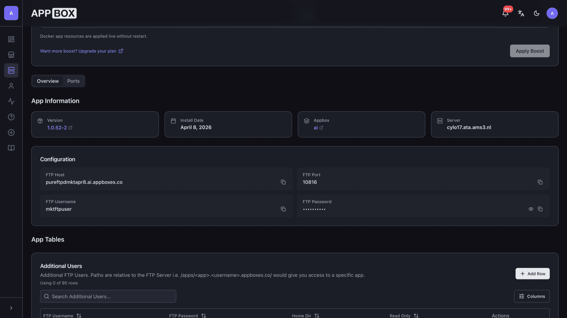 Appbox installed app Overview for Pure-FTPd showing FTP host, port, username, and additional users table