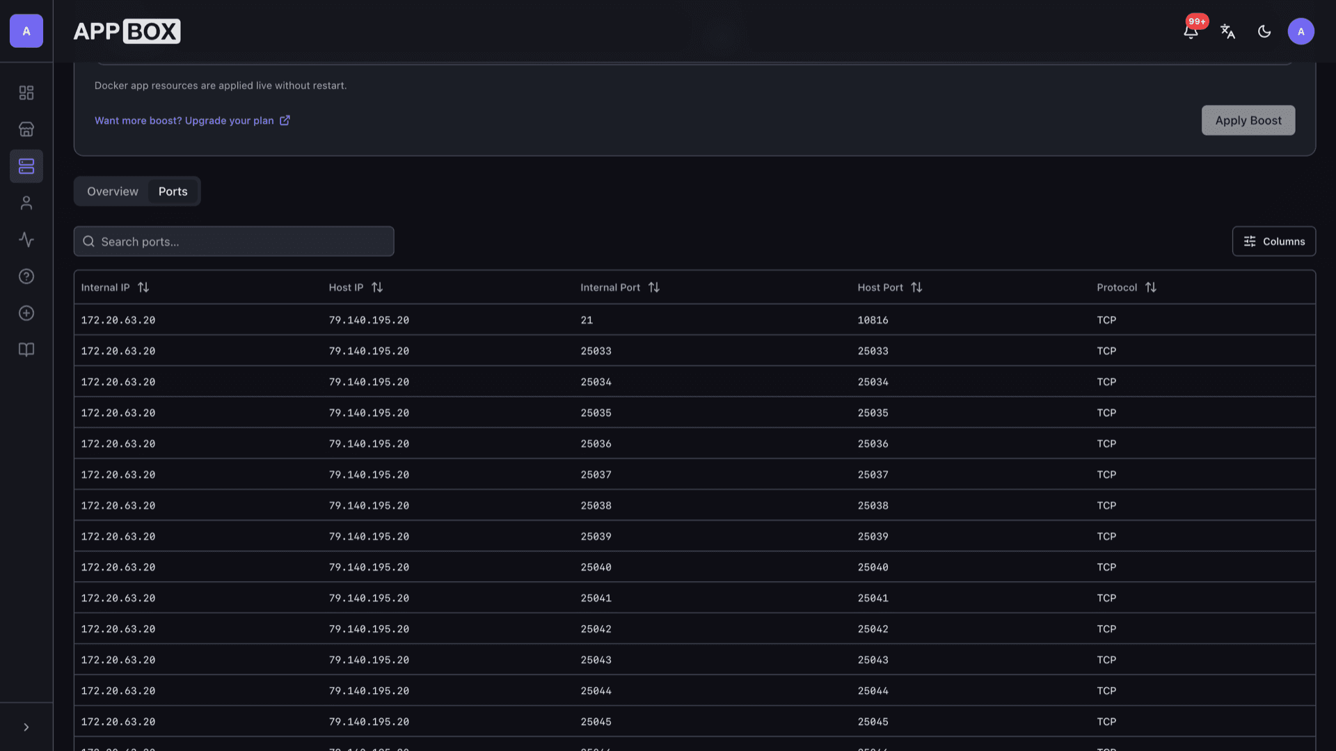 Appbox Ports tab listing internal and host IP addresses with FTP and passive port mappings