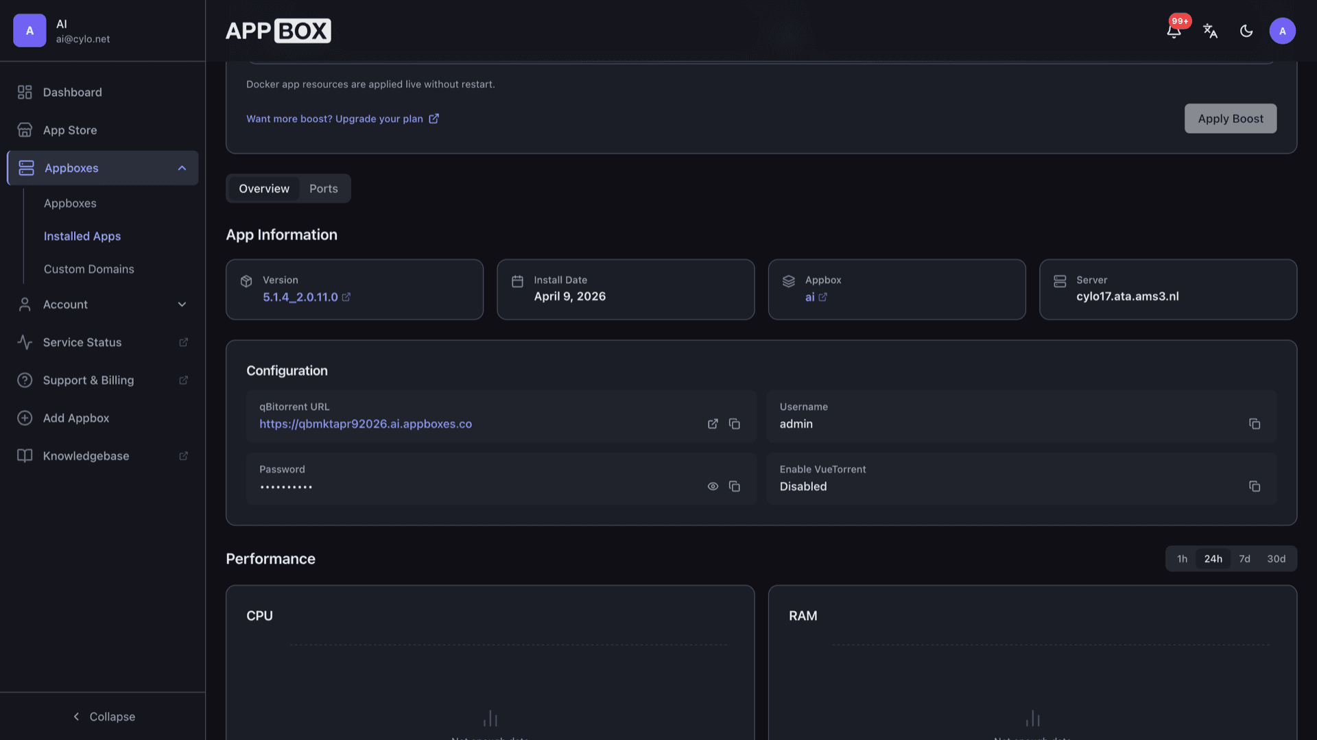 Installed qBittorrent on Appbox Overview tab showing Web UI URL, admin username, and masked password in Configuration