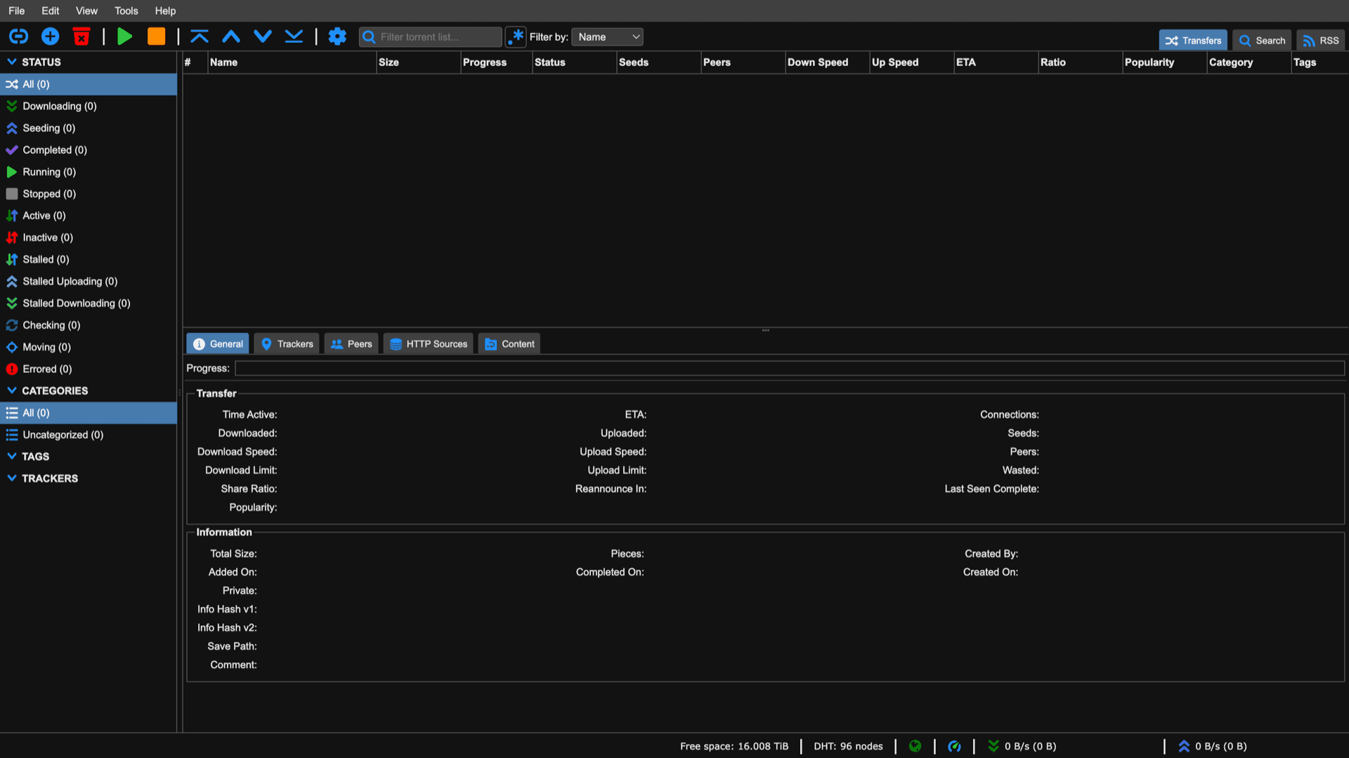 qBittorrent Web UI after sign-in showing transfers toolbar, category filters, empty torrent table, and status bar