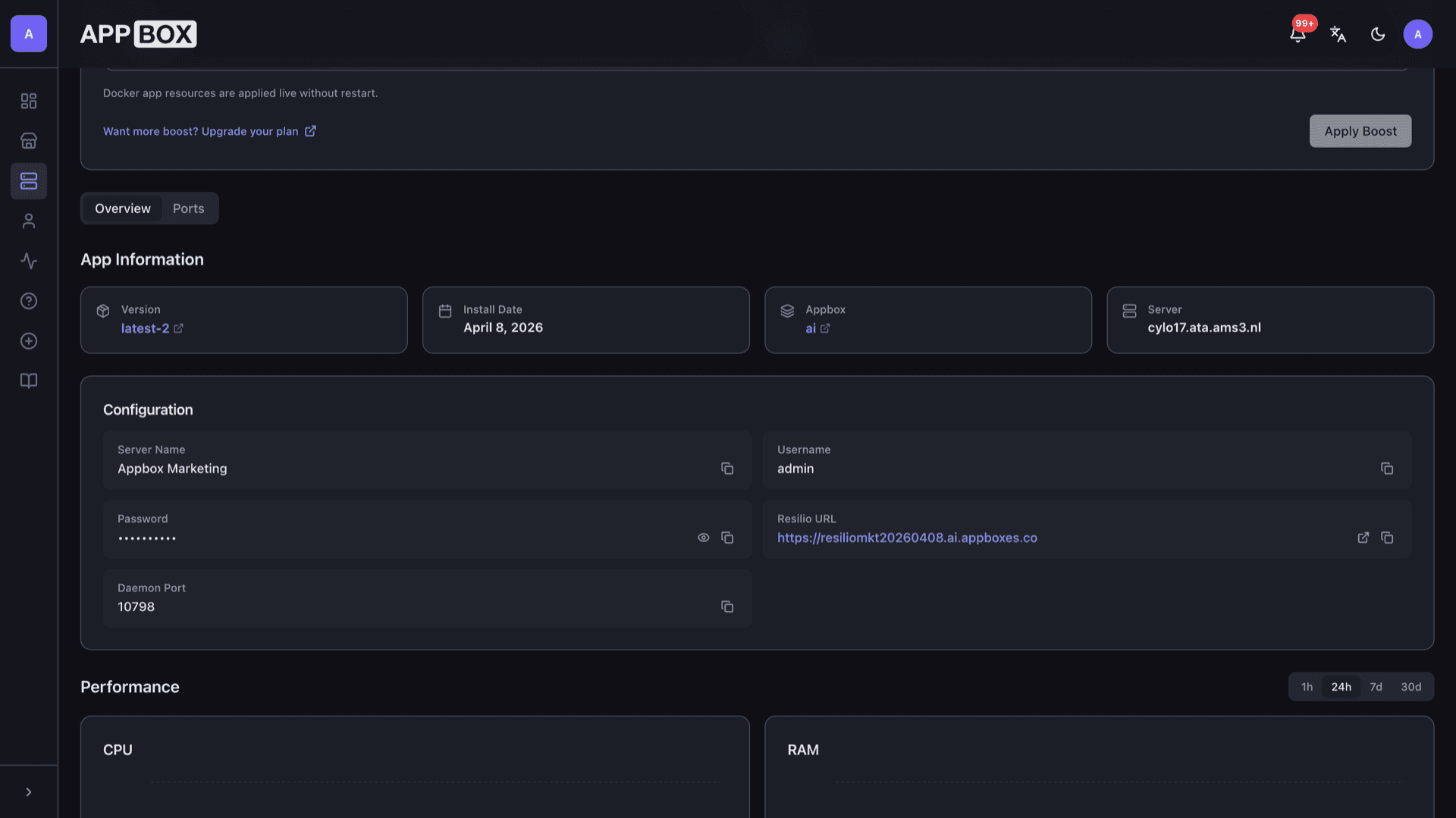 Appbox installed app Overview for Resilio Sync showing Web UI link, Resilio URL, username, and daemon port