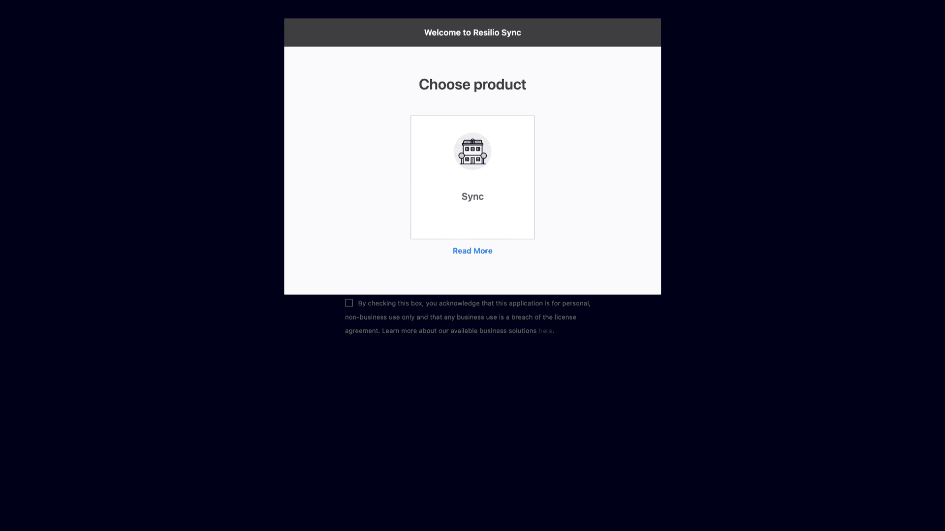Resilio Sync web UI welcome screen with product choice after signing in with install credentials