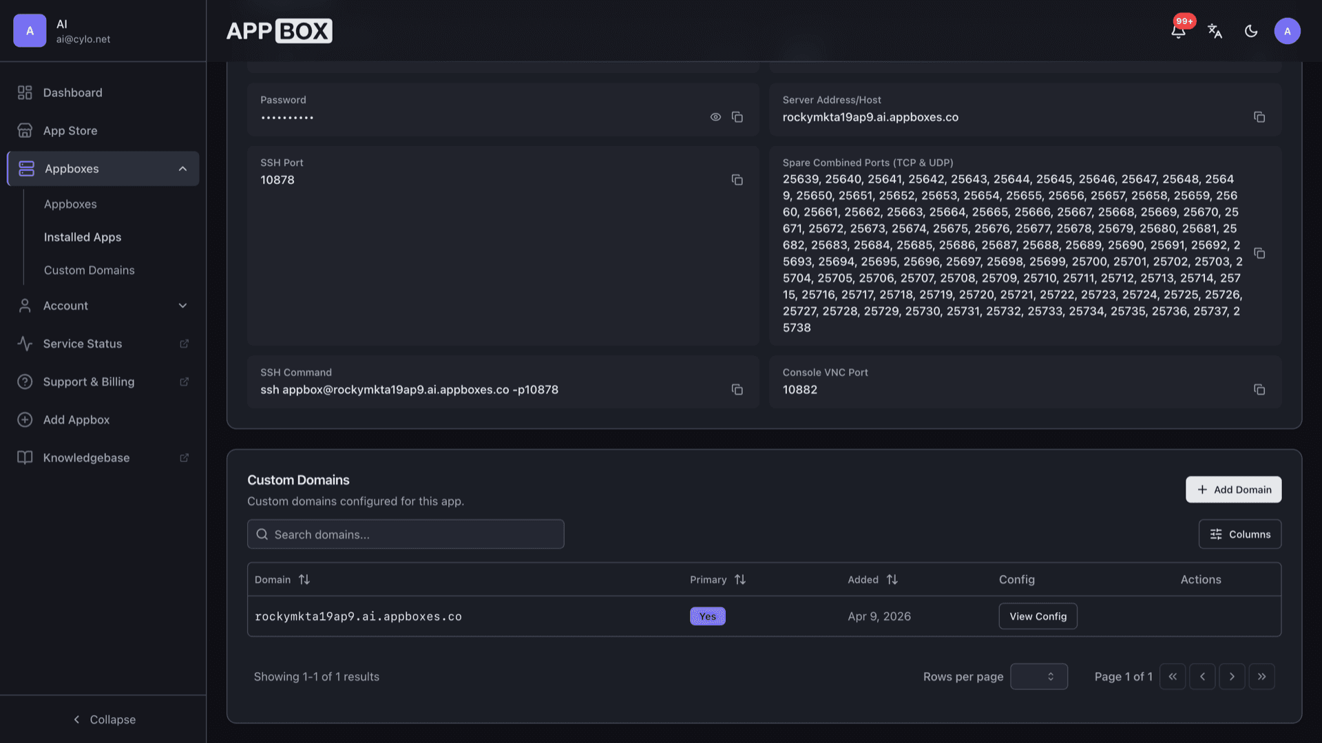 Installed Rocky Linux VPS on Appbox: Overview tab with SSH hostname, port, masked passwords, and ssh command copy actions